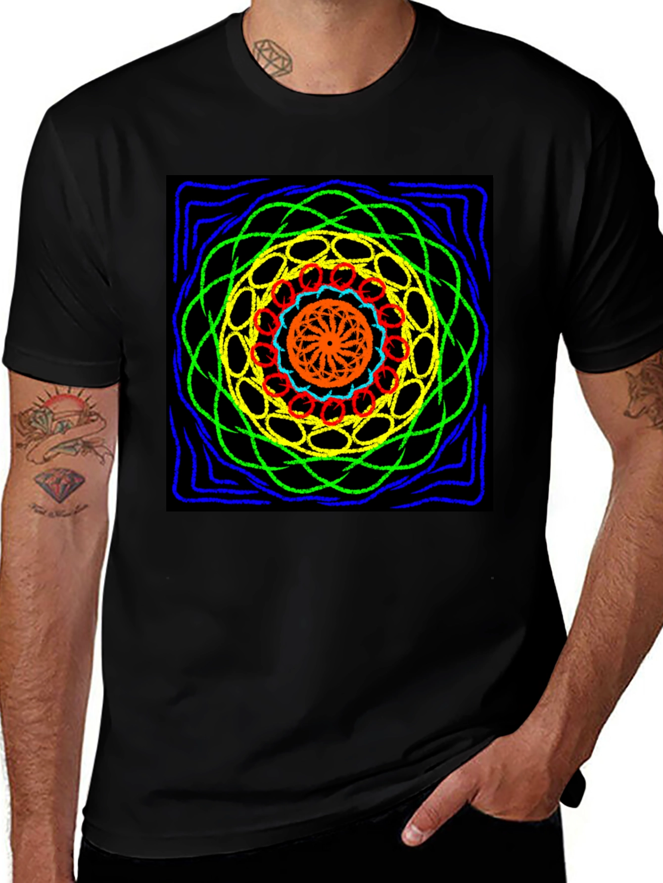 Variant 8 of Vibrant Mandala Graphic Tee - Black Cotton Comfort