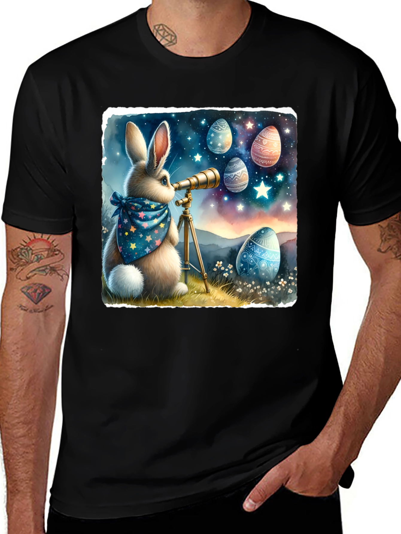 Whimsical Easter Bunny Stargazing T-Shirt