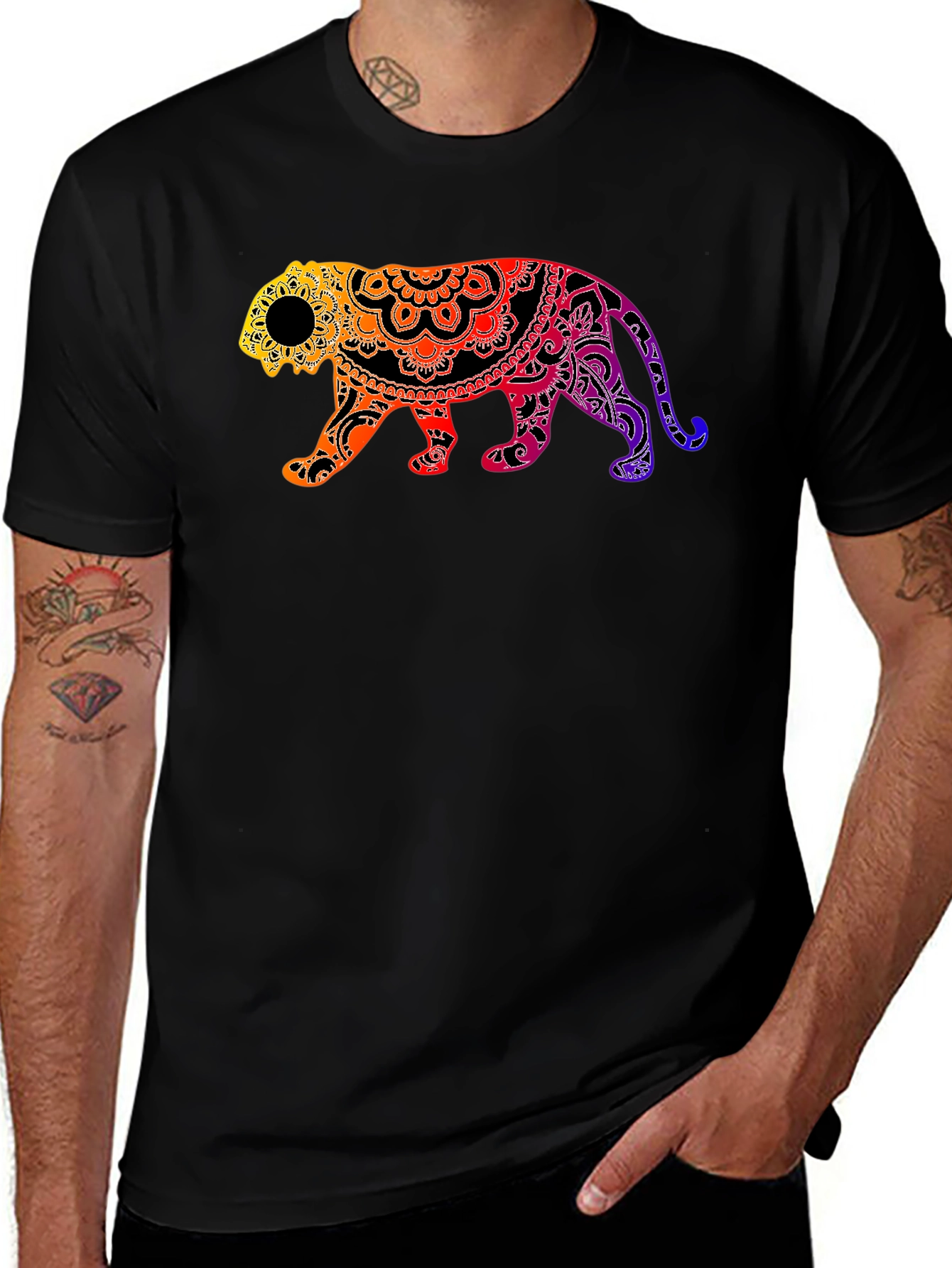 Variant 14 of Vibrant Mandala Tiger Graphic Tee - Black