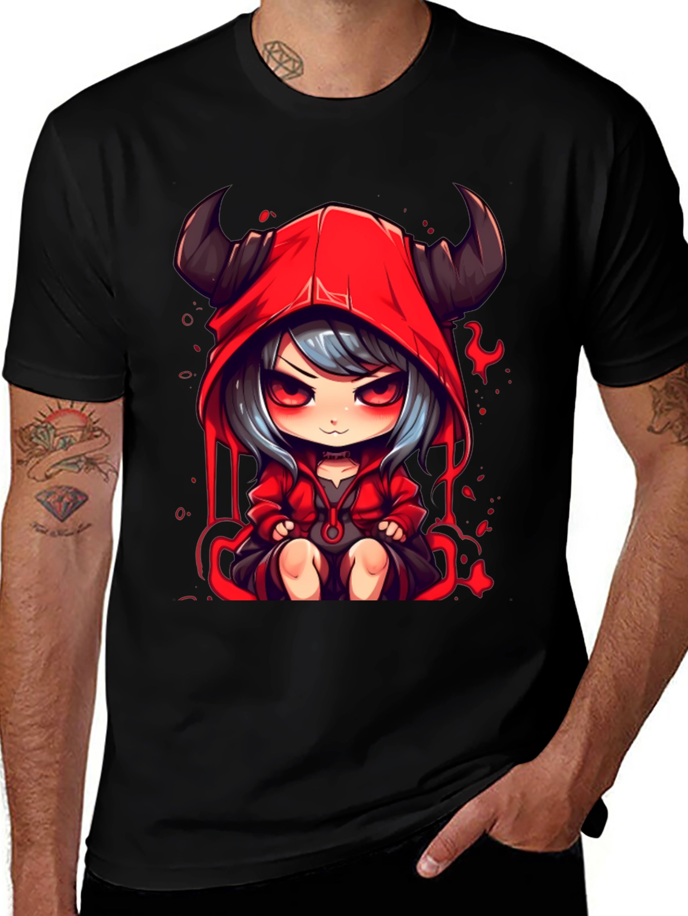 Variant 30 of Anime Devil Girl Graphic Tee - Black Cotton T-Shirt