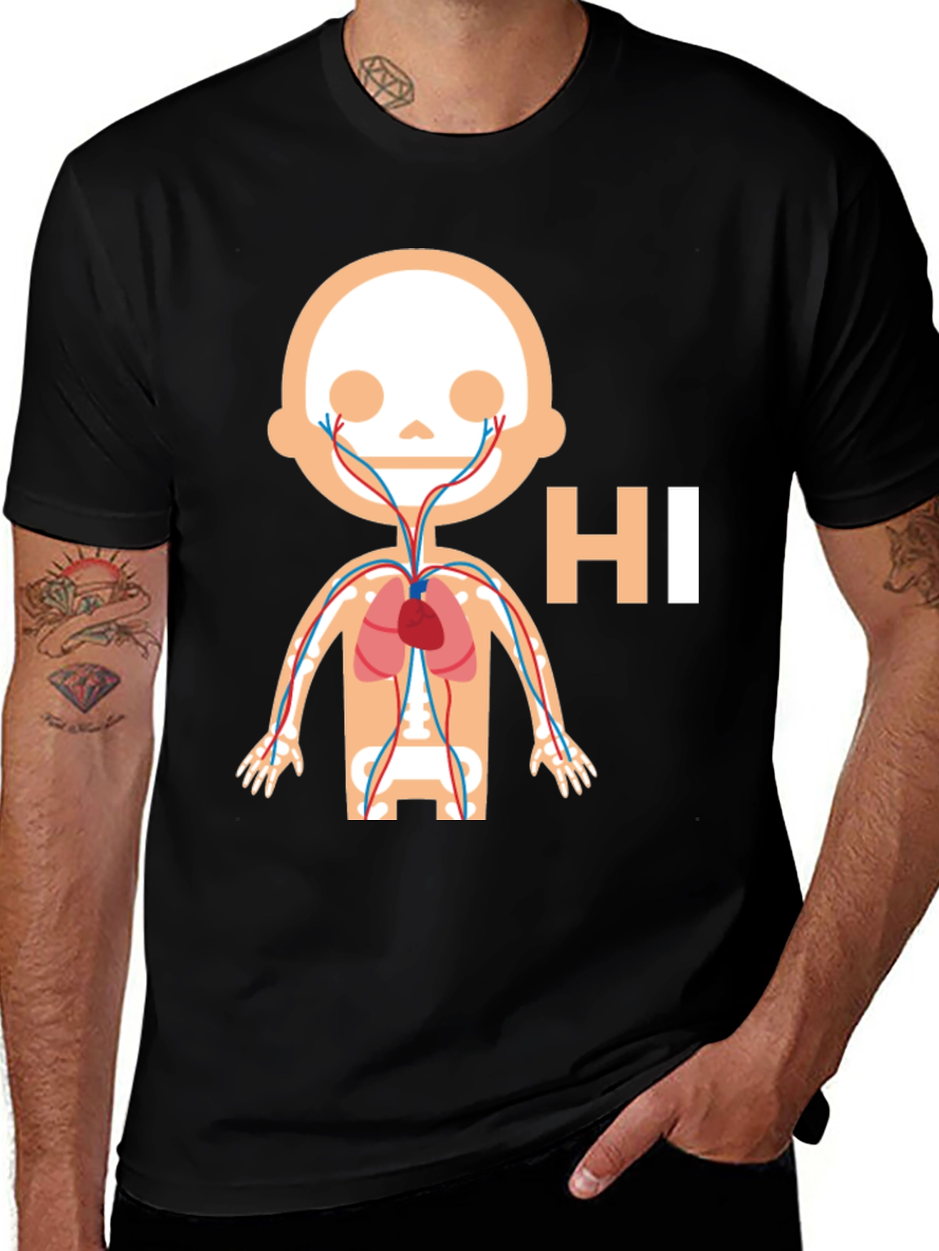 Variant 23 of Anatomy Humor Graphic T-Shirt -  'Hi' Human Anatomy Skeleton