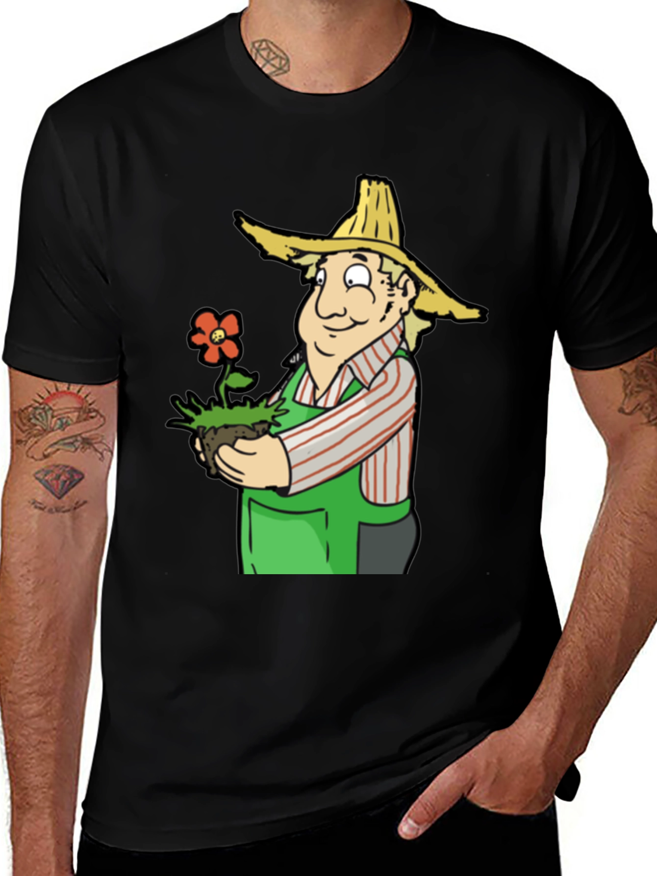 Variant 19 of Cartoon Gardener T-Shirt - Black Cotton Tee