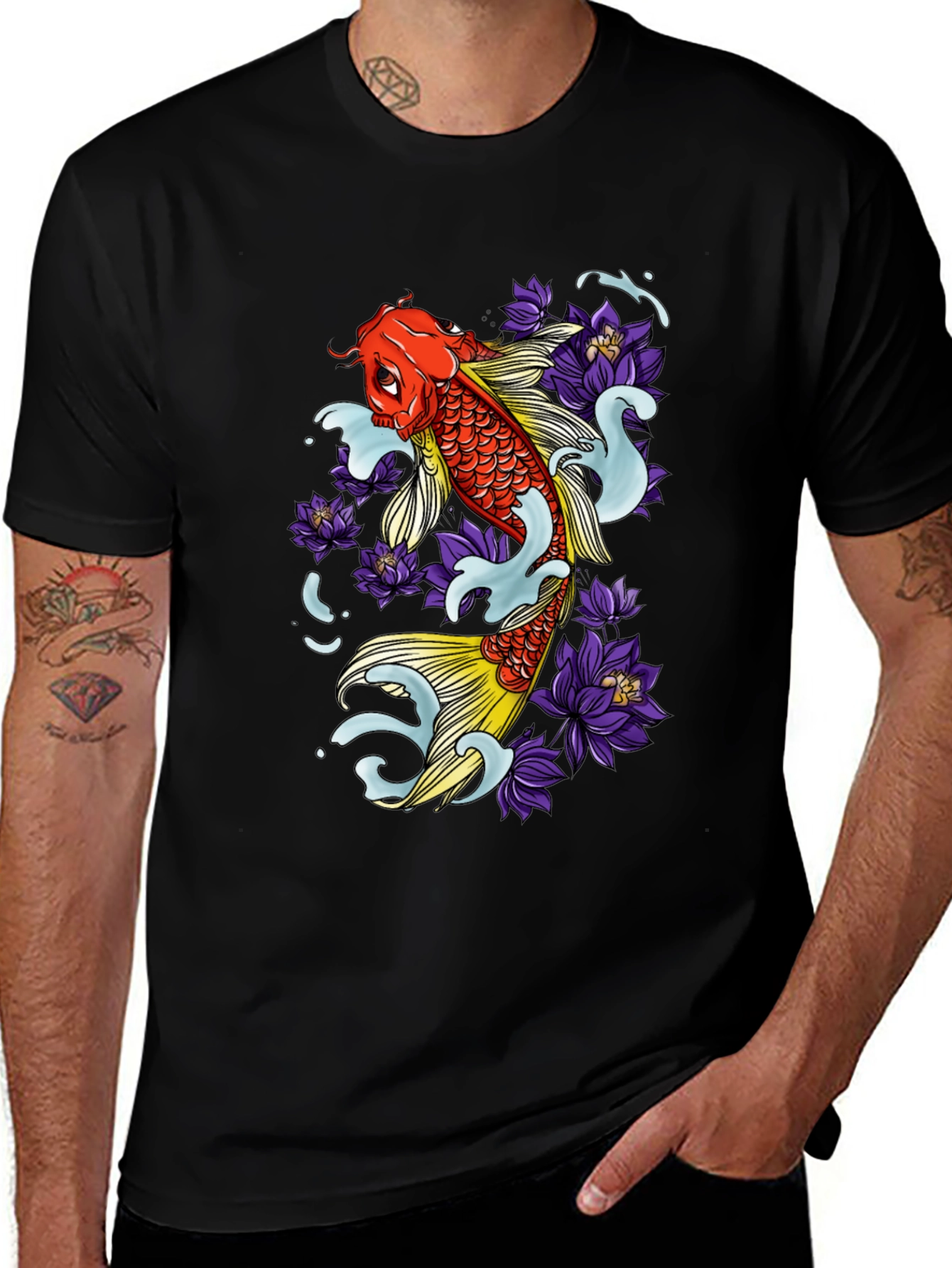 Koi Fish & Lotus Flower Graphic Tee - Men's Black T-Shirt