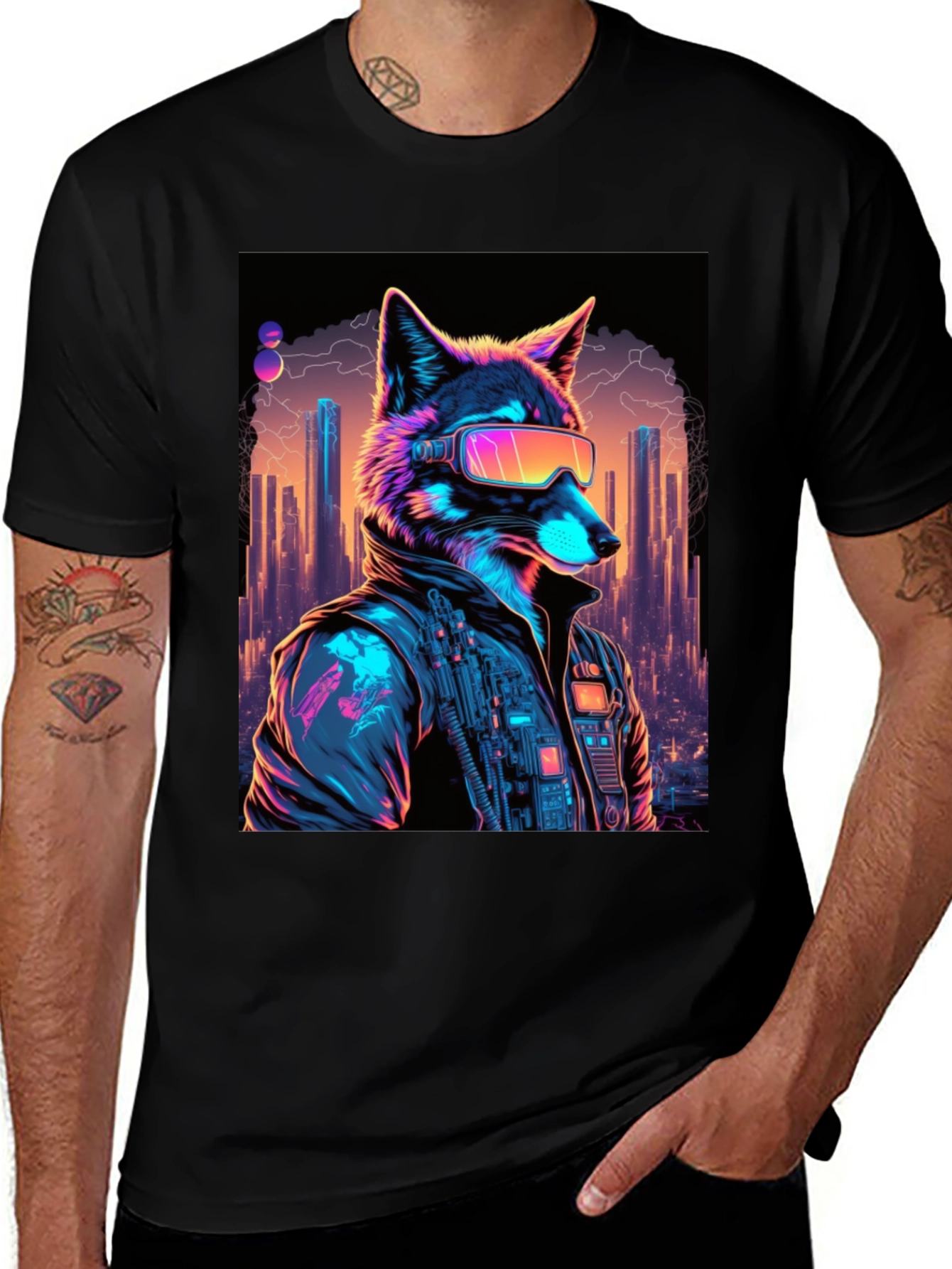 Variant 19 of Cyberpunk Wolf T-Shirt, Futuristic Style
