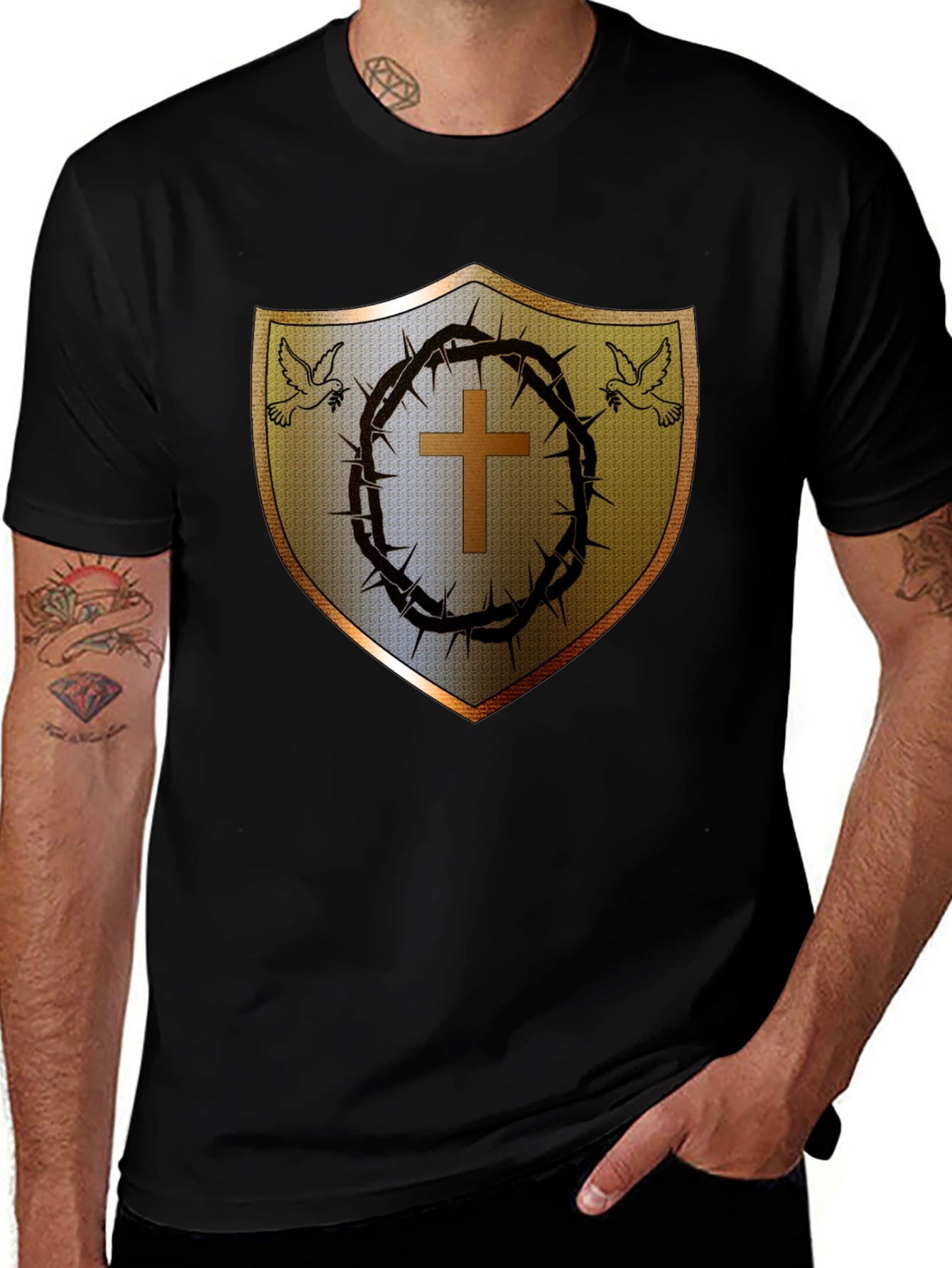 Christian Shield Tee - Cross & Doves Graphic T-Shirt