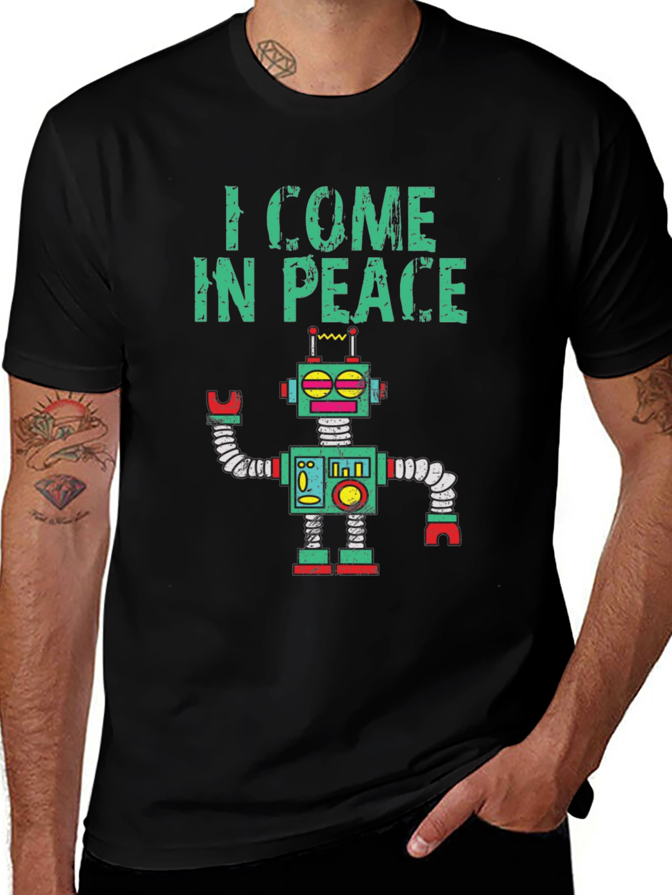 Variant 20 of I Come in Peace Robot Graphic Tee - Black