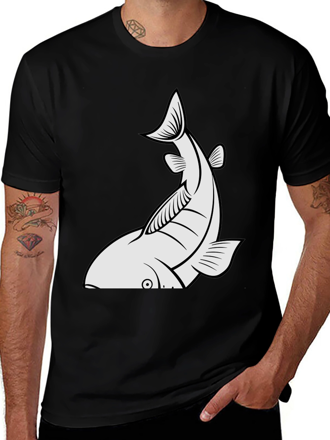 Variant 30 of Men's Black T-shirt with White Fish Graphic