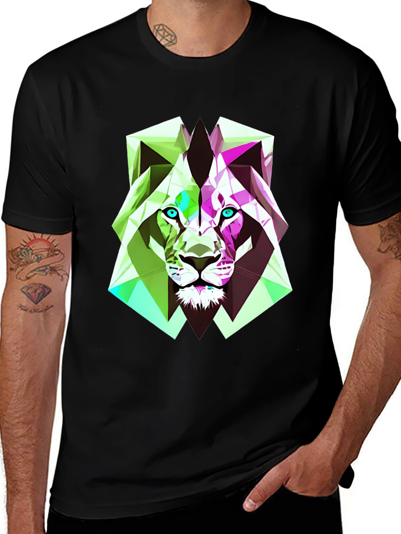 Variant 3 of Geometric Lion Graphic Black T-Shirt