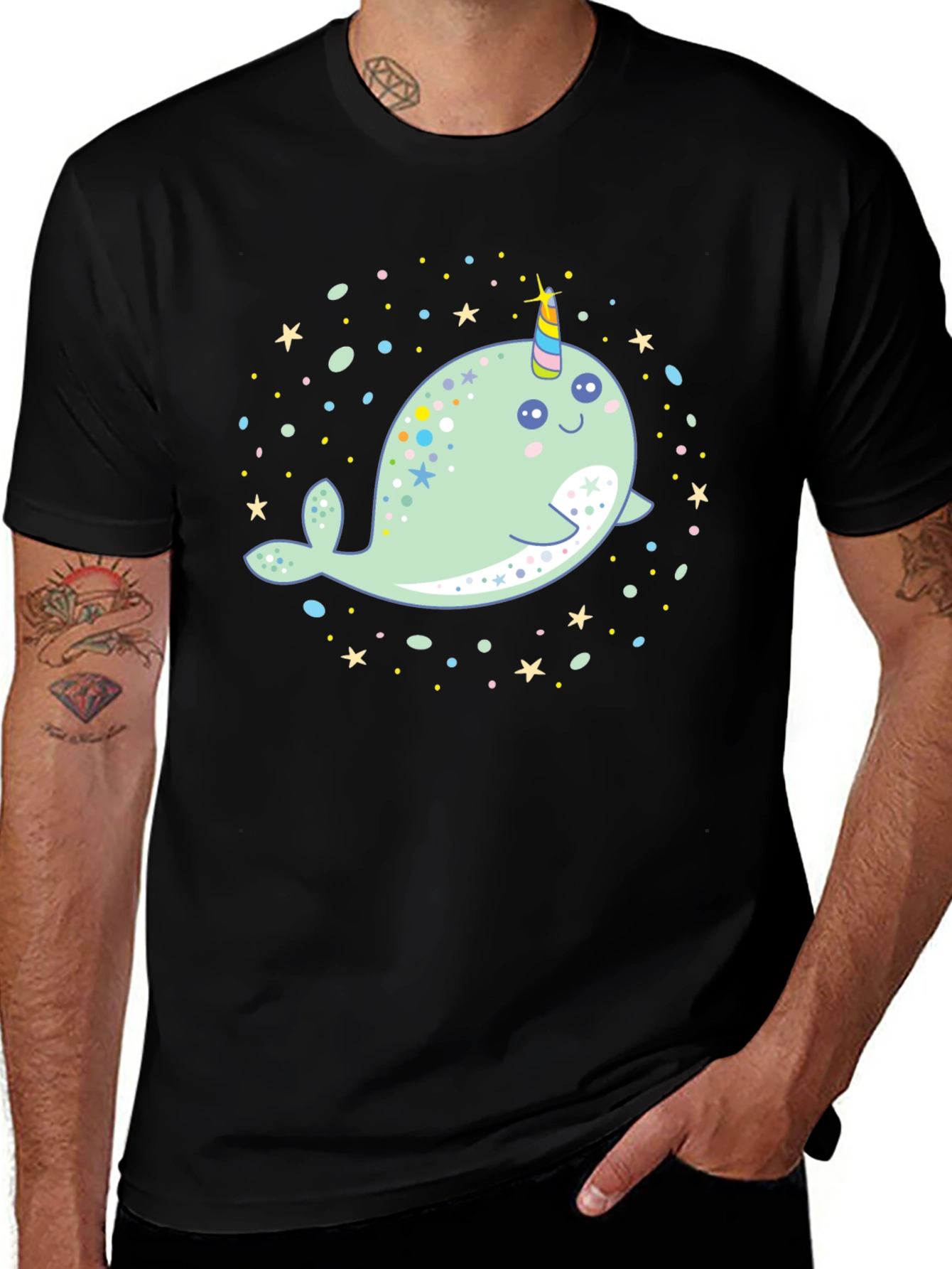 Variant 16 of Narwhal Unicorn Graphic Tee - Men's Black T-Shirt