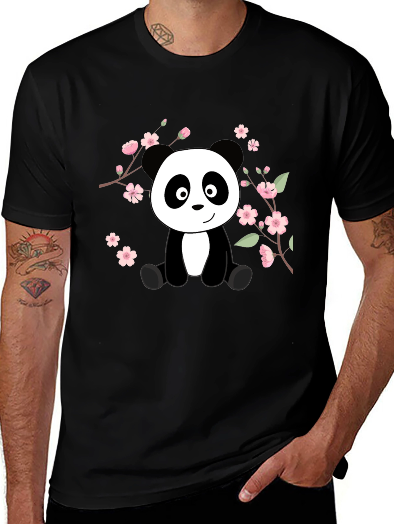 Variant 9 of Cute Panda & Cherry Blossom Black T-Shirt