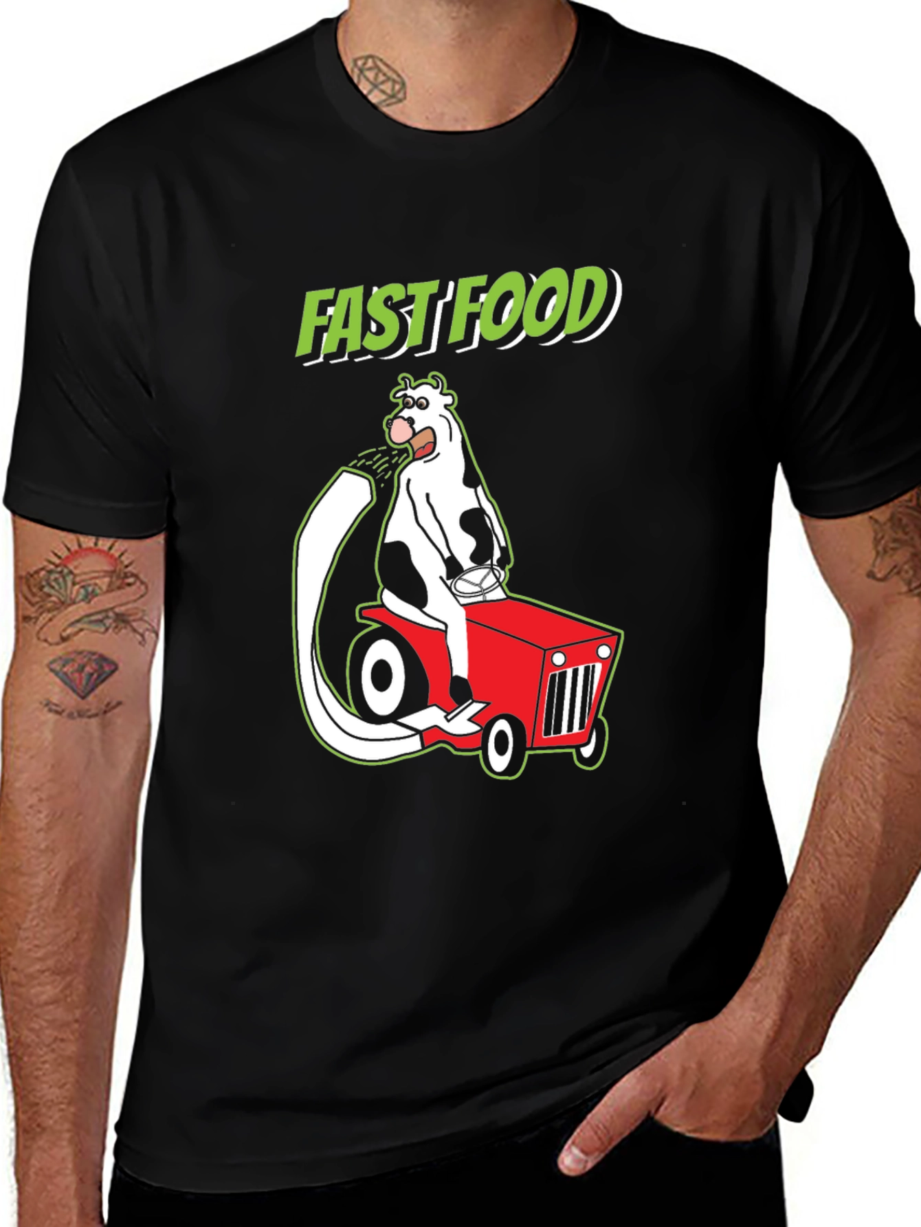 Variant 20 of Fast Food Cartoon Cow on Tractor Graphic Tee