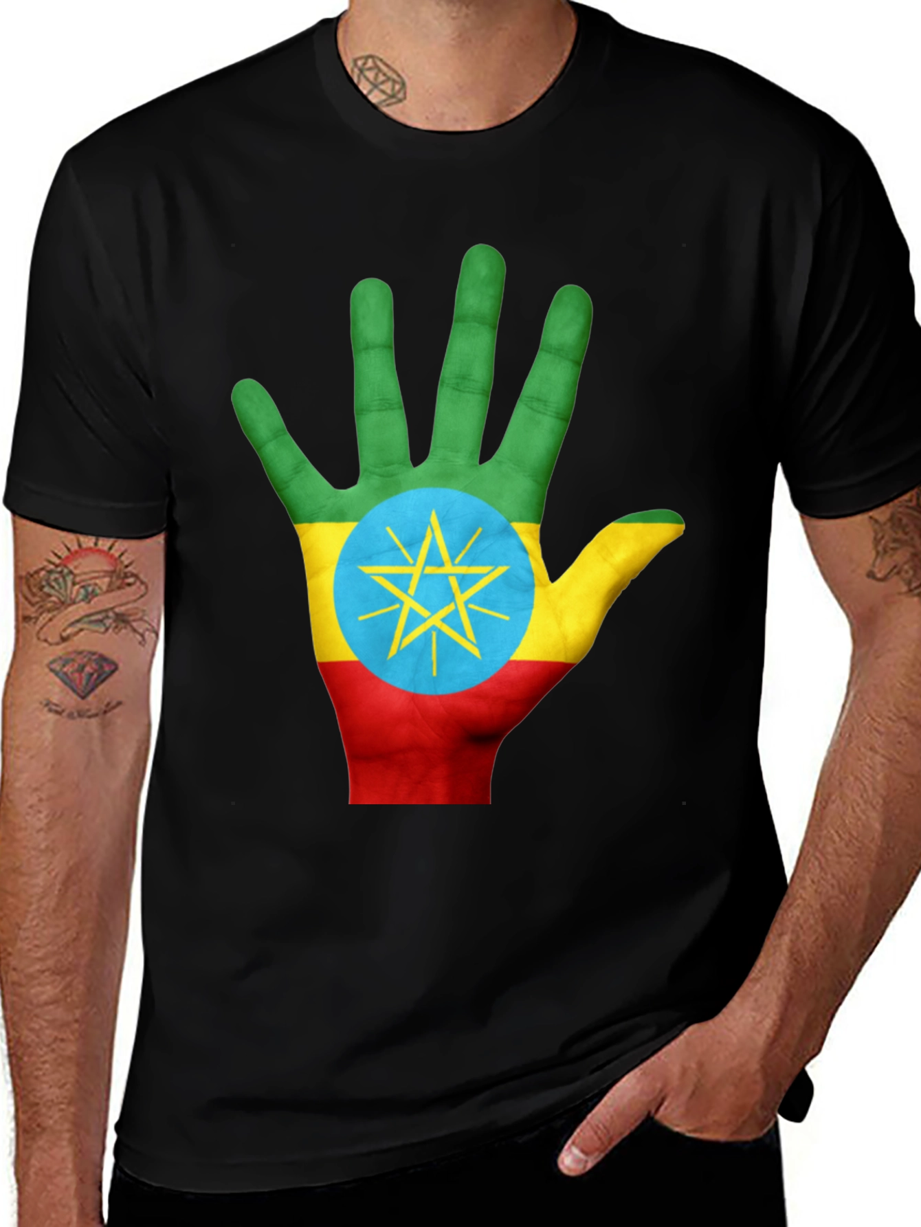 Ethiopia Flag Hand Print Black T-Shirt
