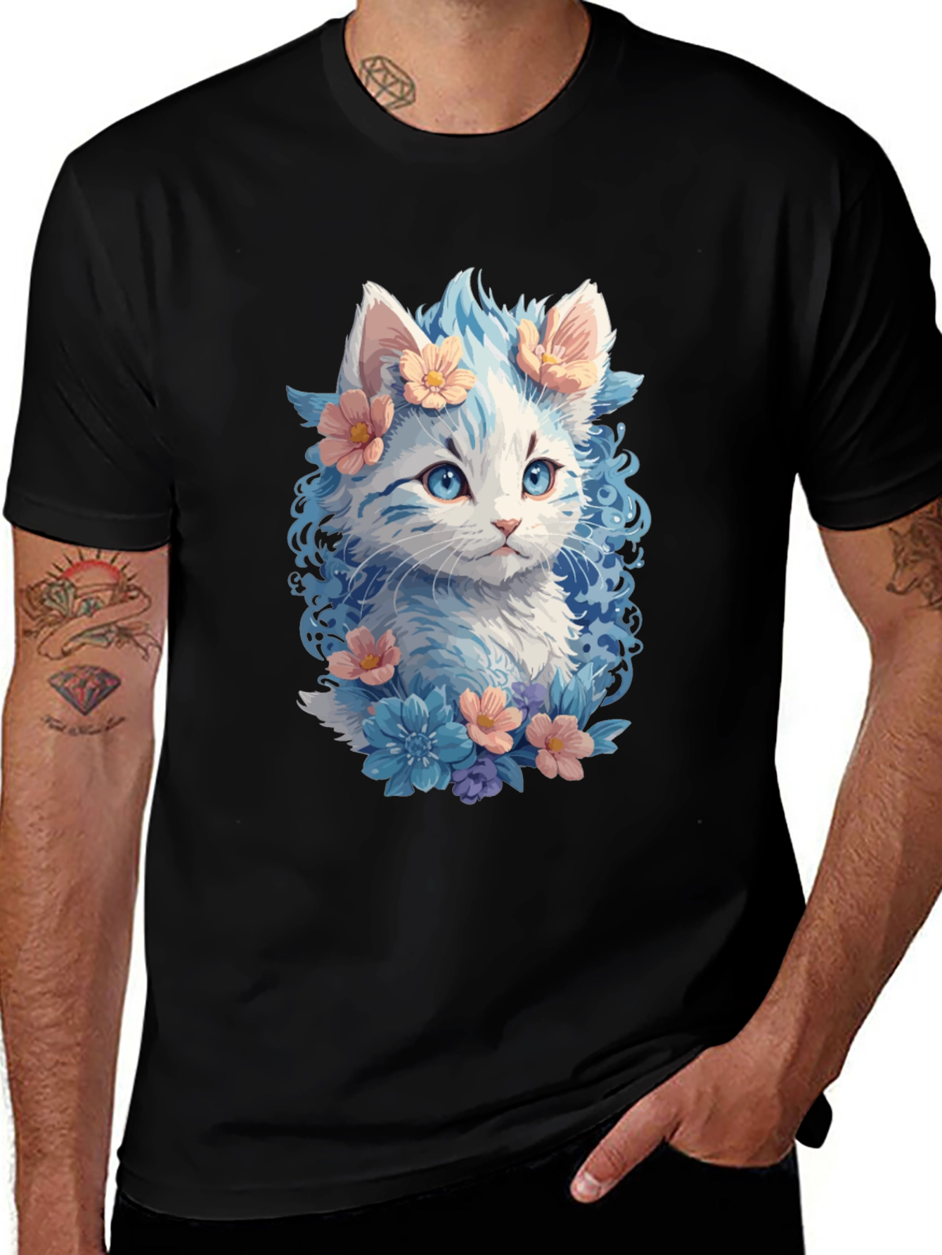 Variant 5 of Floral Cat Graphic Tee - Unique Kitten Design