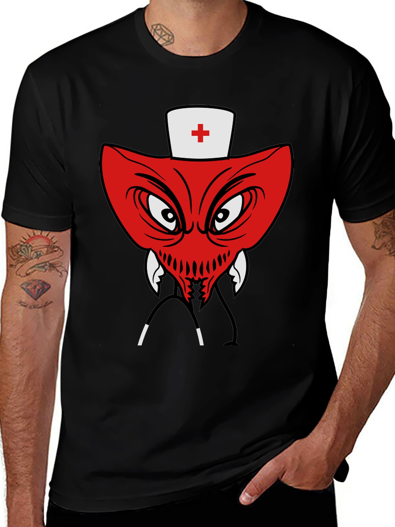 Variant 9 of Men's Black T-Shirt with Red Nurse Monster Graphic