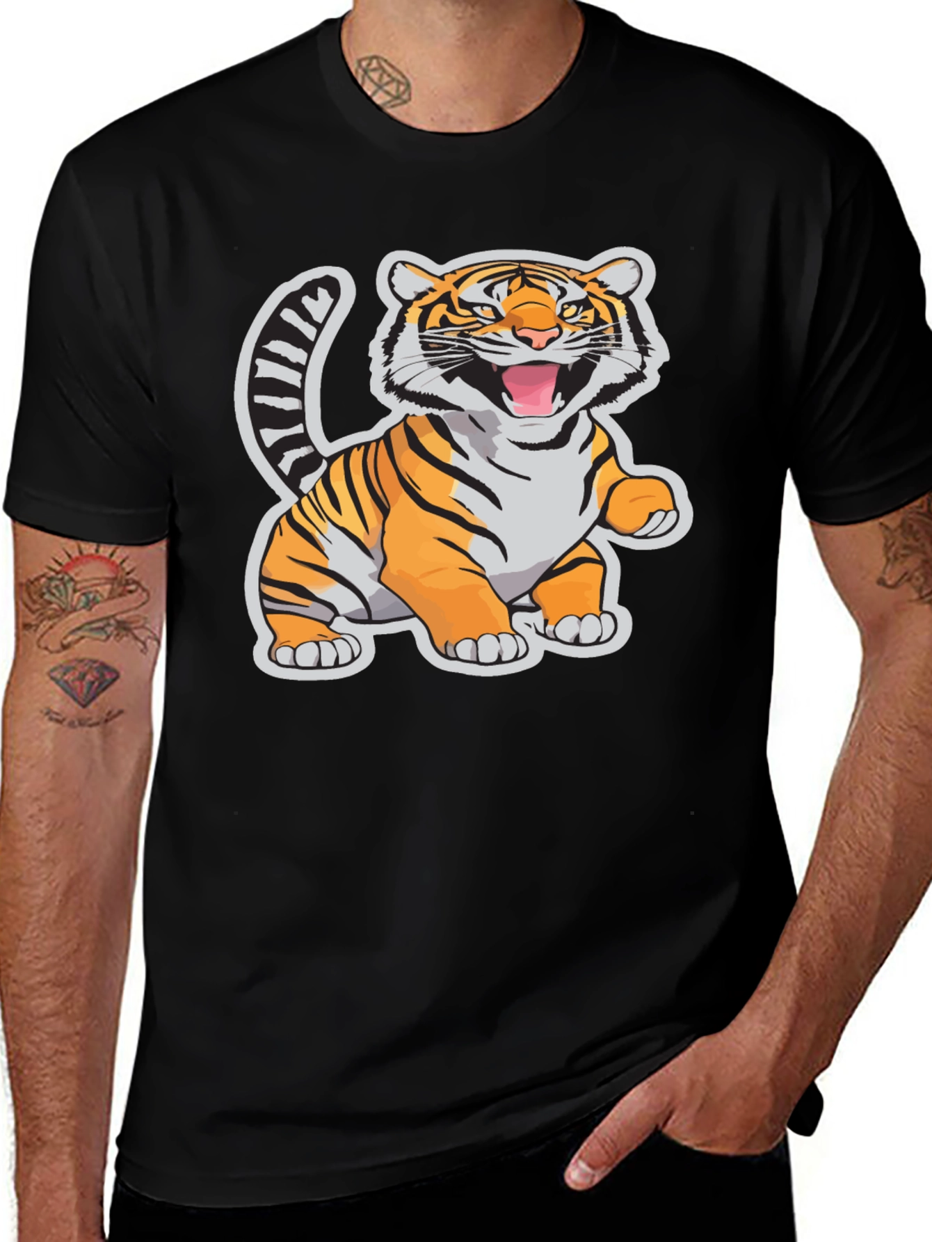 Variant 29 of Cartoon Tiger Graphic Tee - Black Cotton T-Shirt