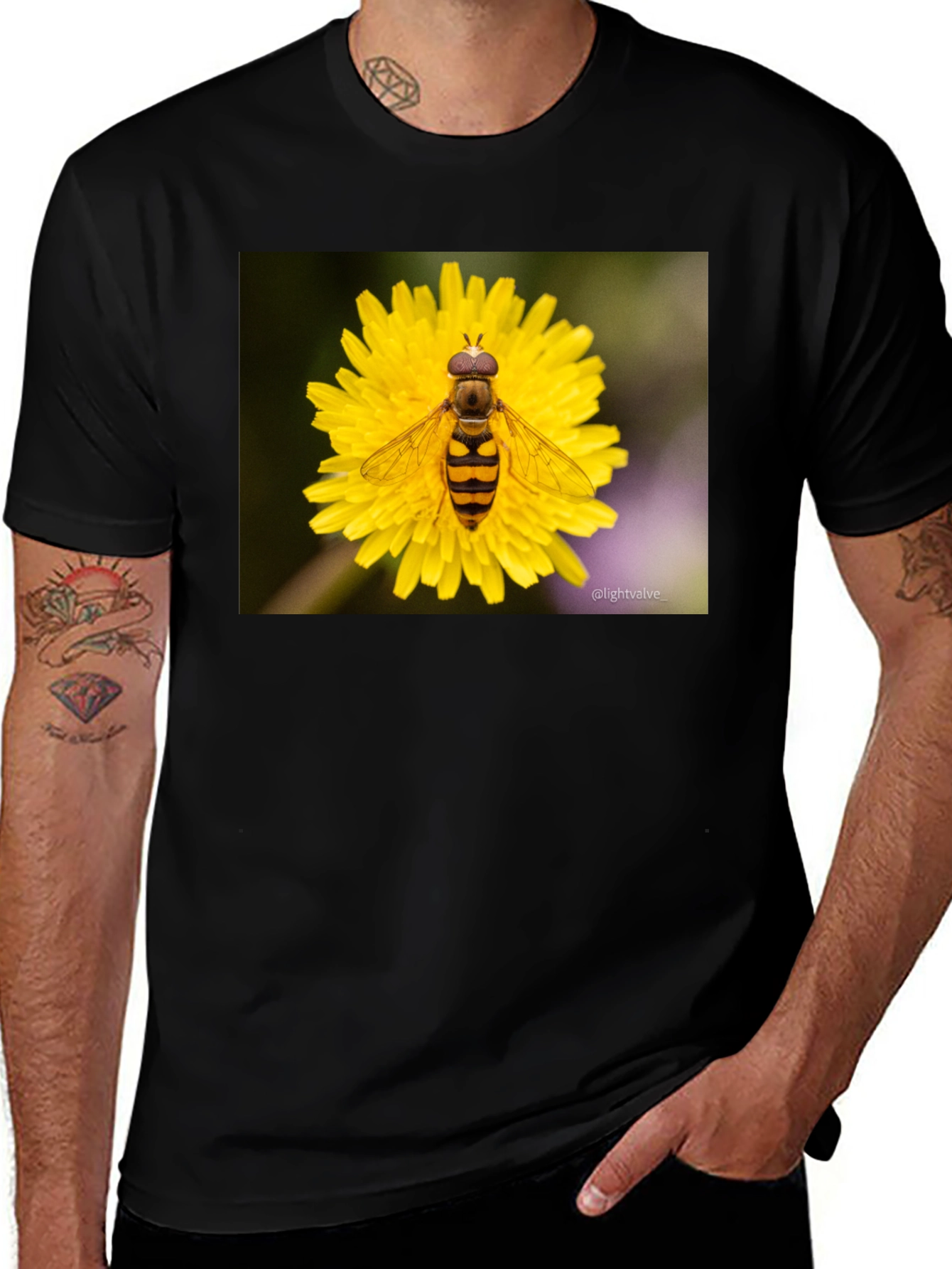 Variant 13 of Bee on Flower Graphic Tee - Black Cotton T-Shirt