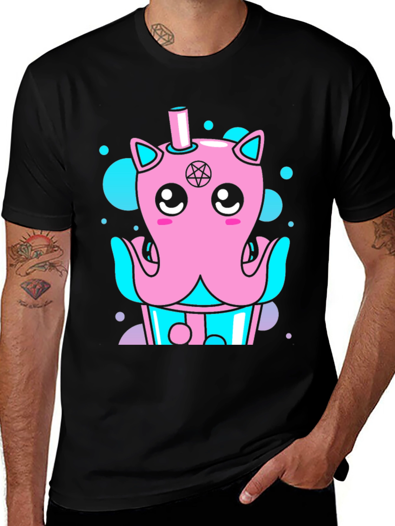 Cute Kawaii Octopus Bubble Tea Black T-Shirt