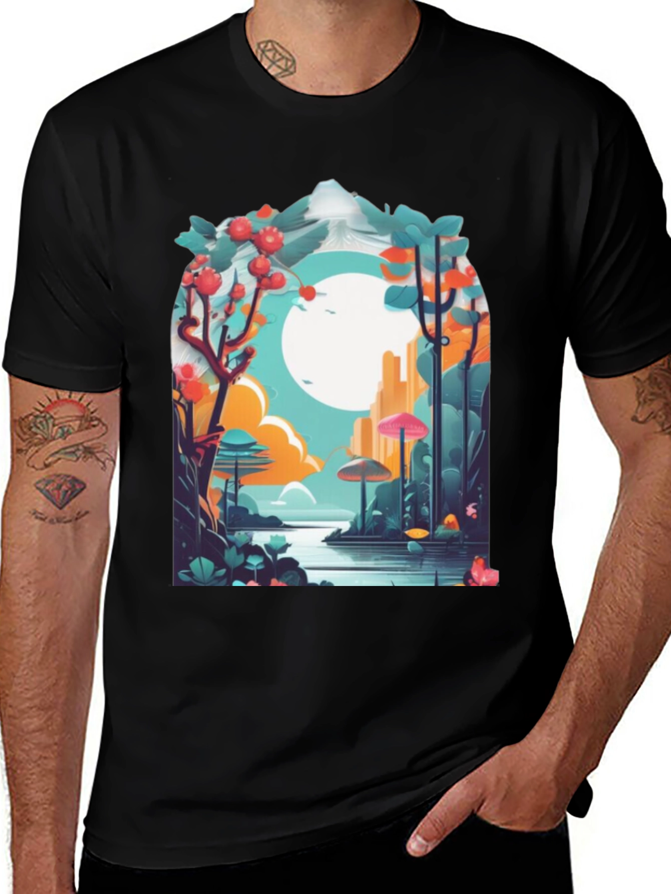 Variant 14 of Surreal Landscape Graphic Tee - Black Cotton Shirt
