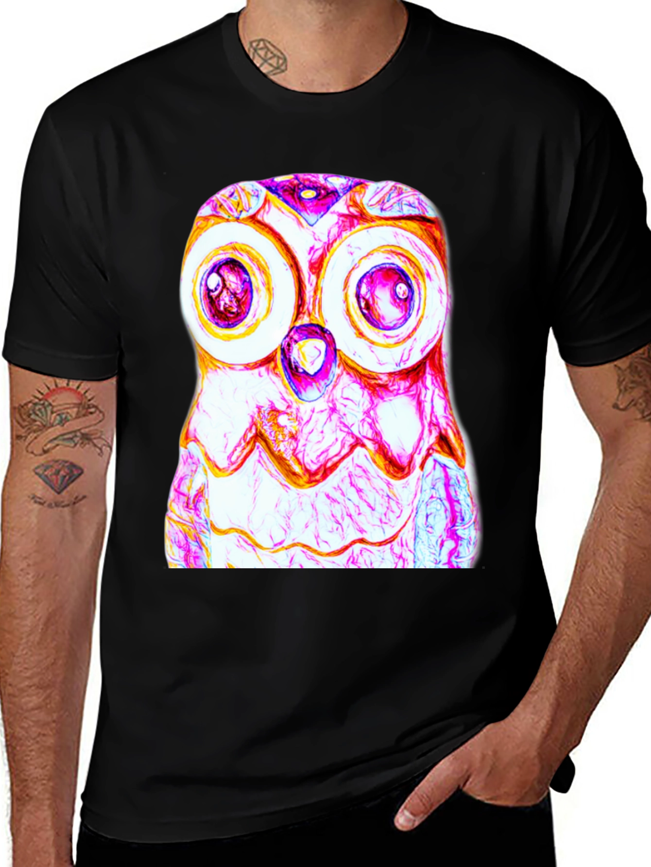 Variant 4 of Whimsical Owl Graphic Tee - Men's Black T-Shirt