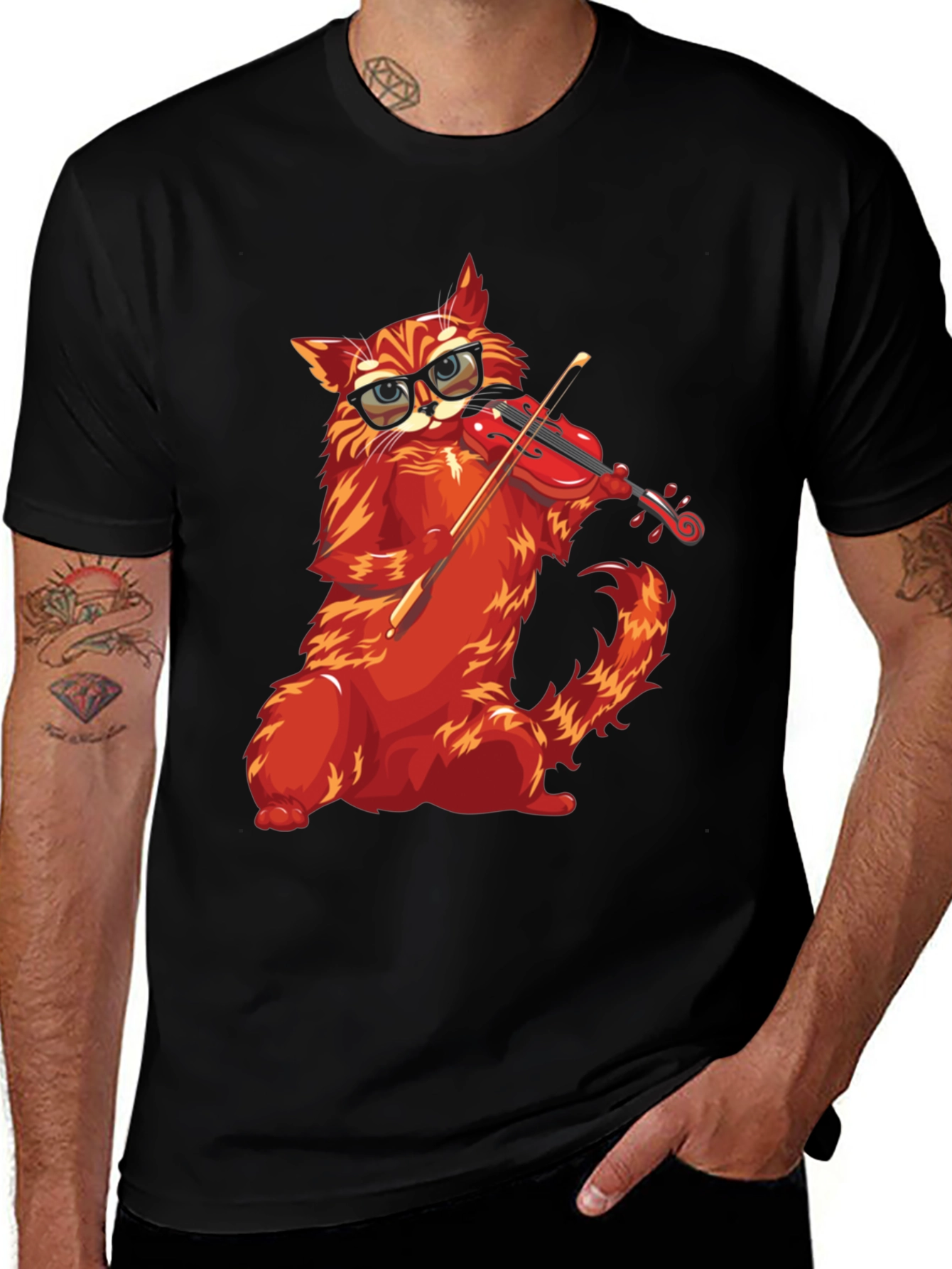 Variant 25 of Cat Violinist Graphic Tee - Black Cotton T-Shirt
