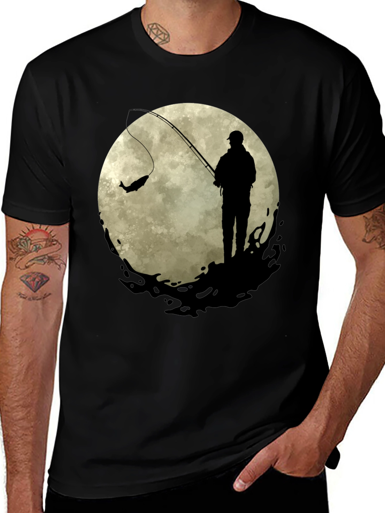 Variant 16 of Fisherman Moon Graphic Tee - Black Cotton Blend