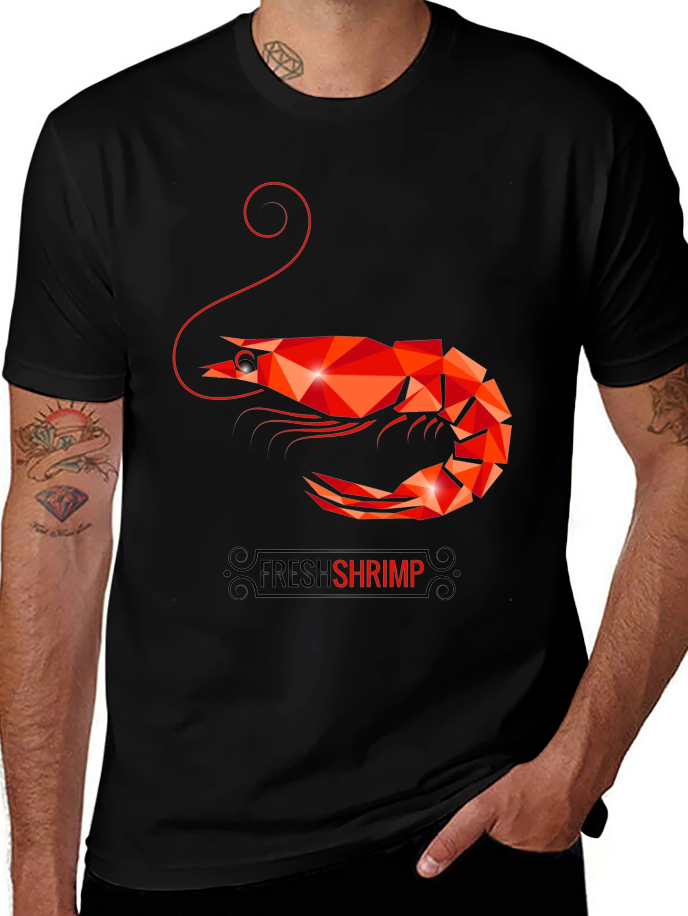 Variant 9 of Geometric Shrimp Graphic T-Shirt - Quirky Seafood Design