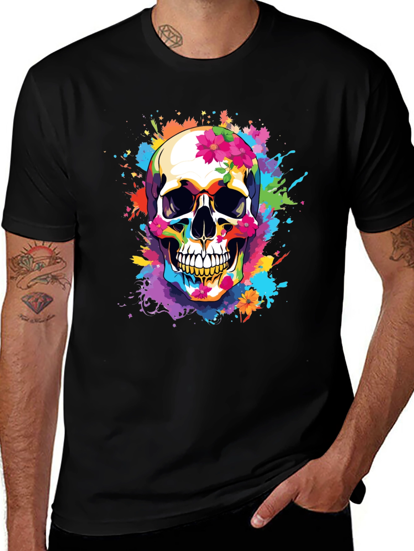 Variant 3 of Colorful Skull & Flowers Graphic T-Shirt