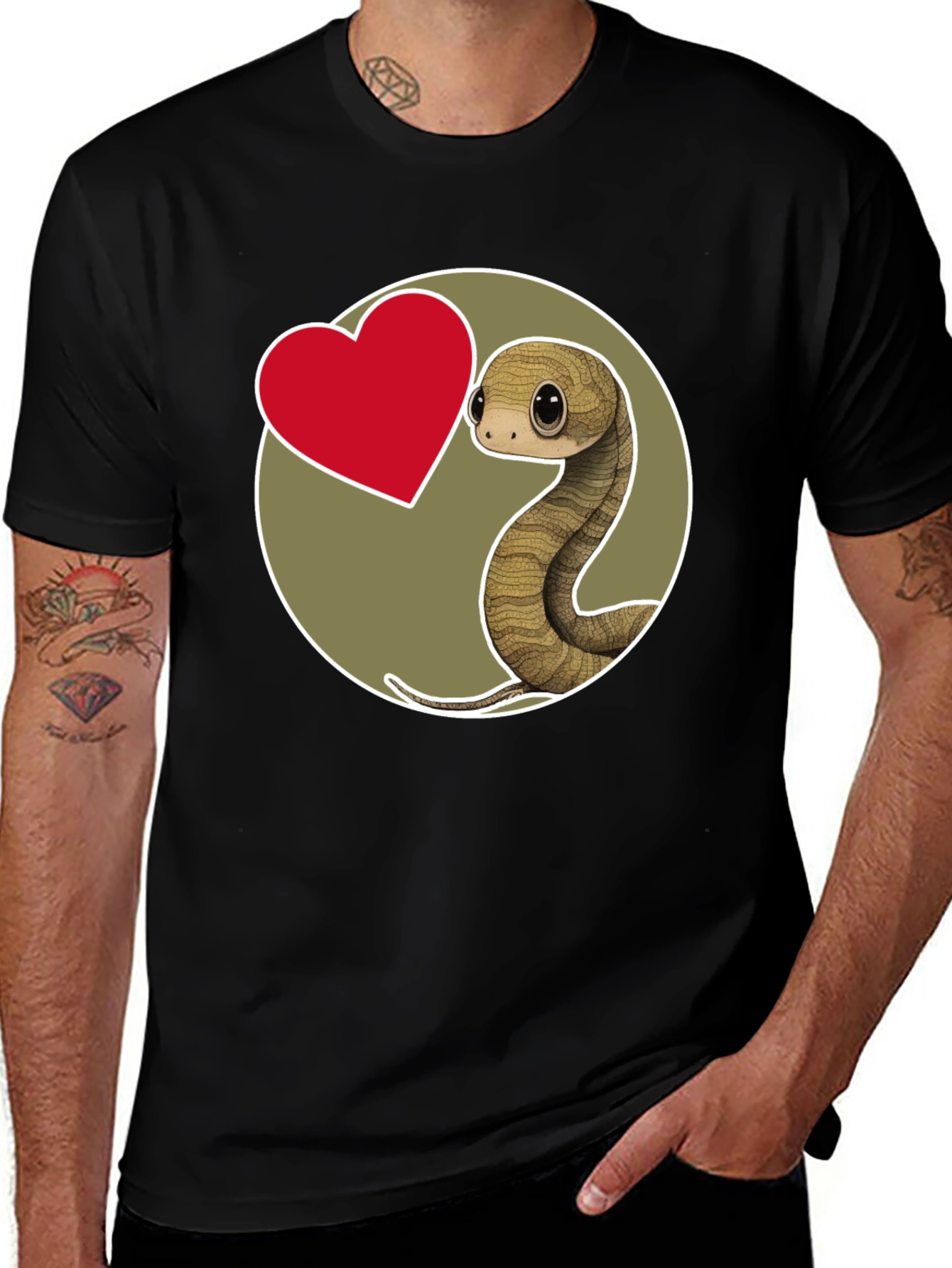 Variant 20 of Cute Snake Heart Graphic T-Shirt - Black Cotton Blend