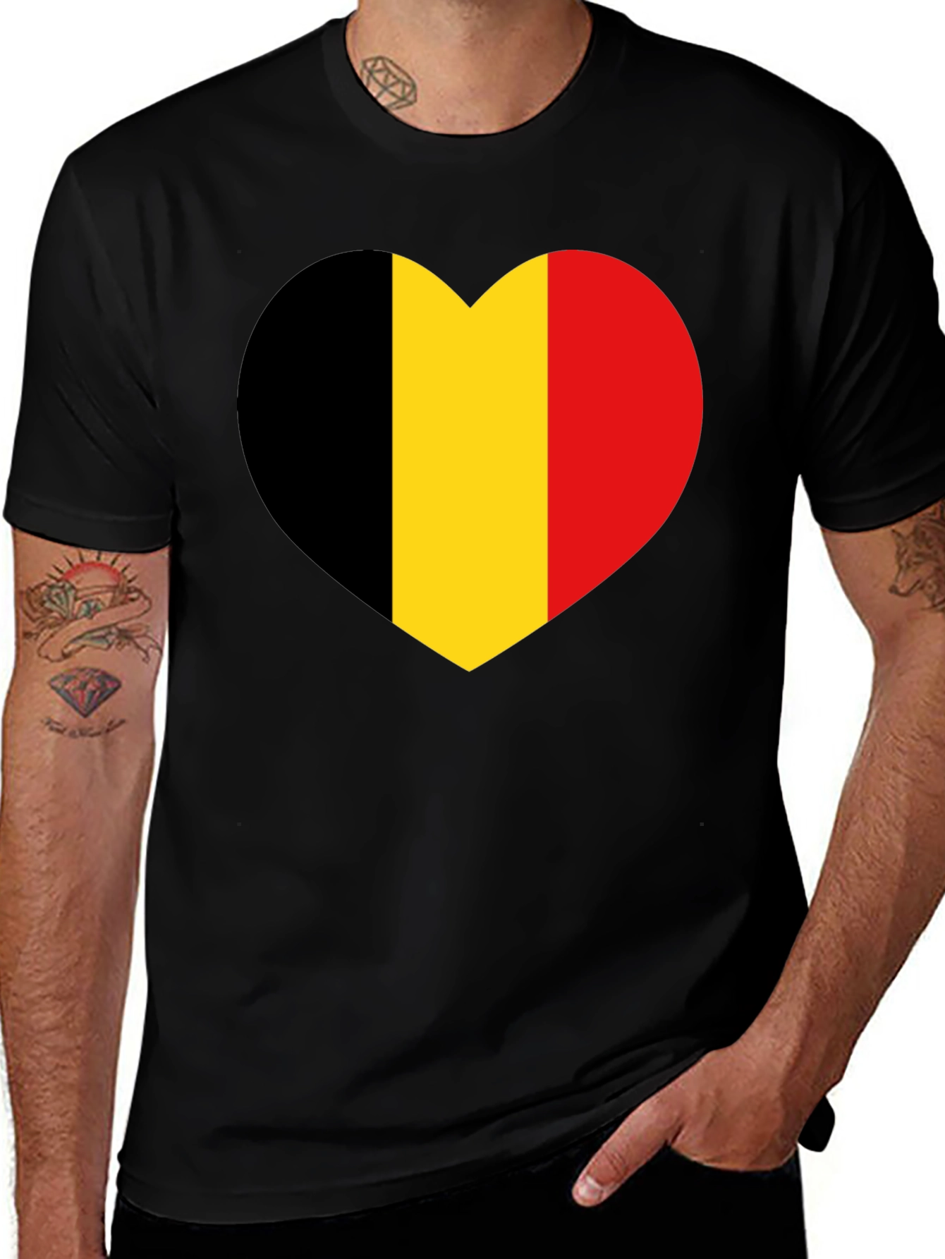 Belgium Flag Heart Graphic Tee - Black Cotton Shirt