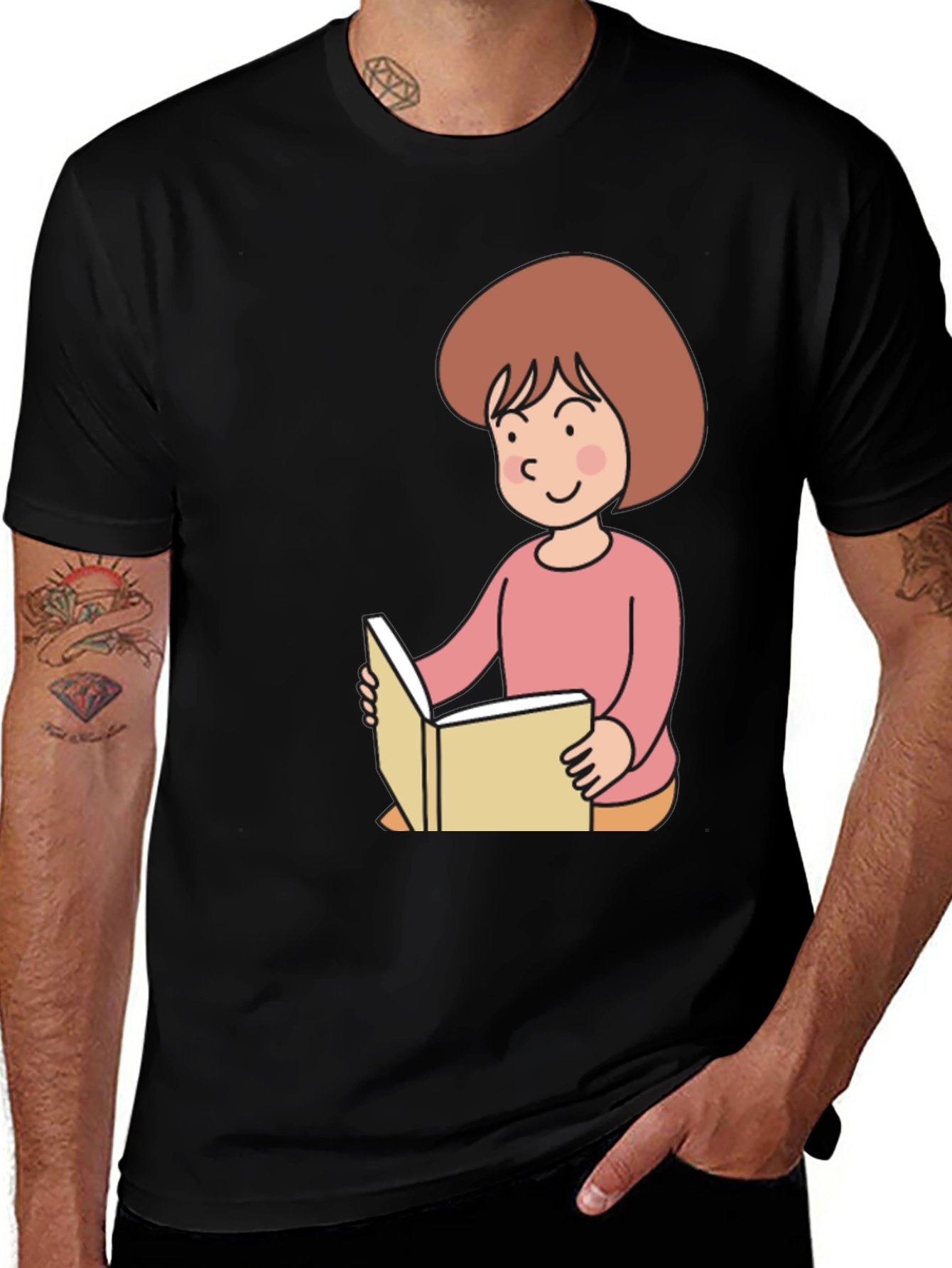 Variant 5 of Reading Girl Black T-Shirt - Cute Cartoon Design