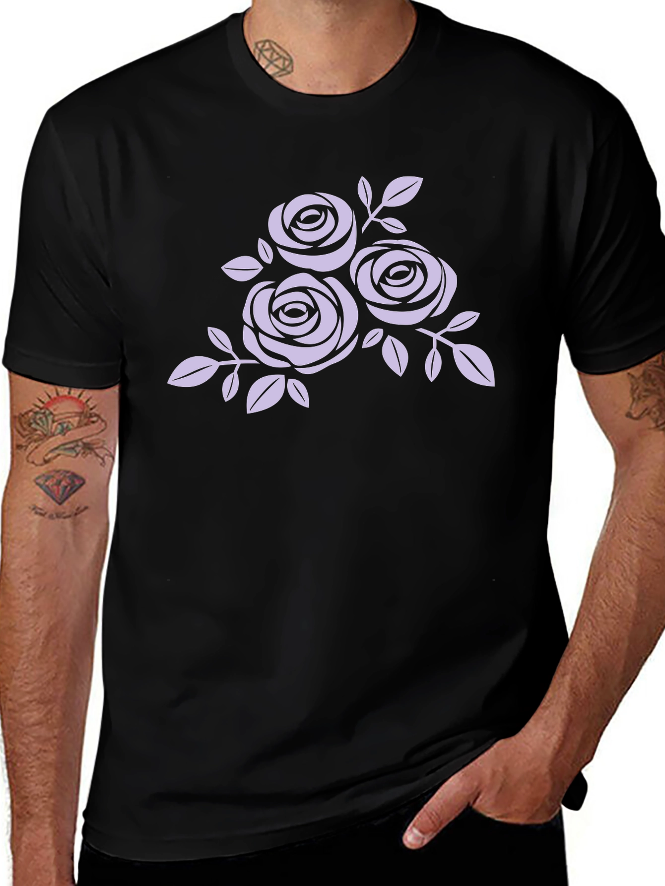 Black T-Shirt with Floral Rose Design