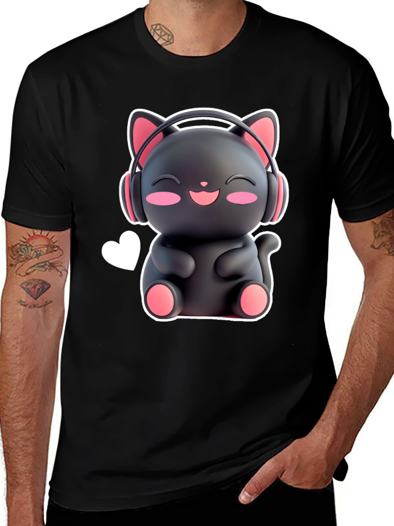 Variant 21 of Cute Cartoon Cat Wearing Headphones Black T-Shirt