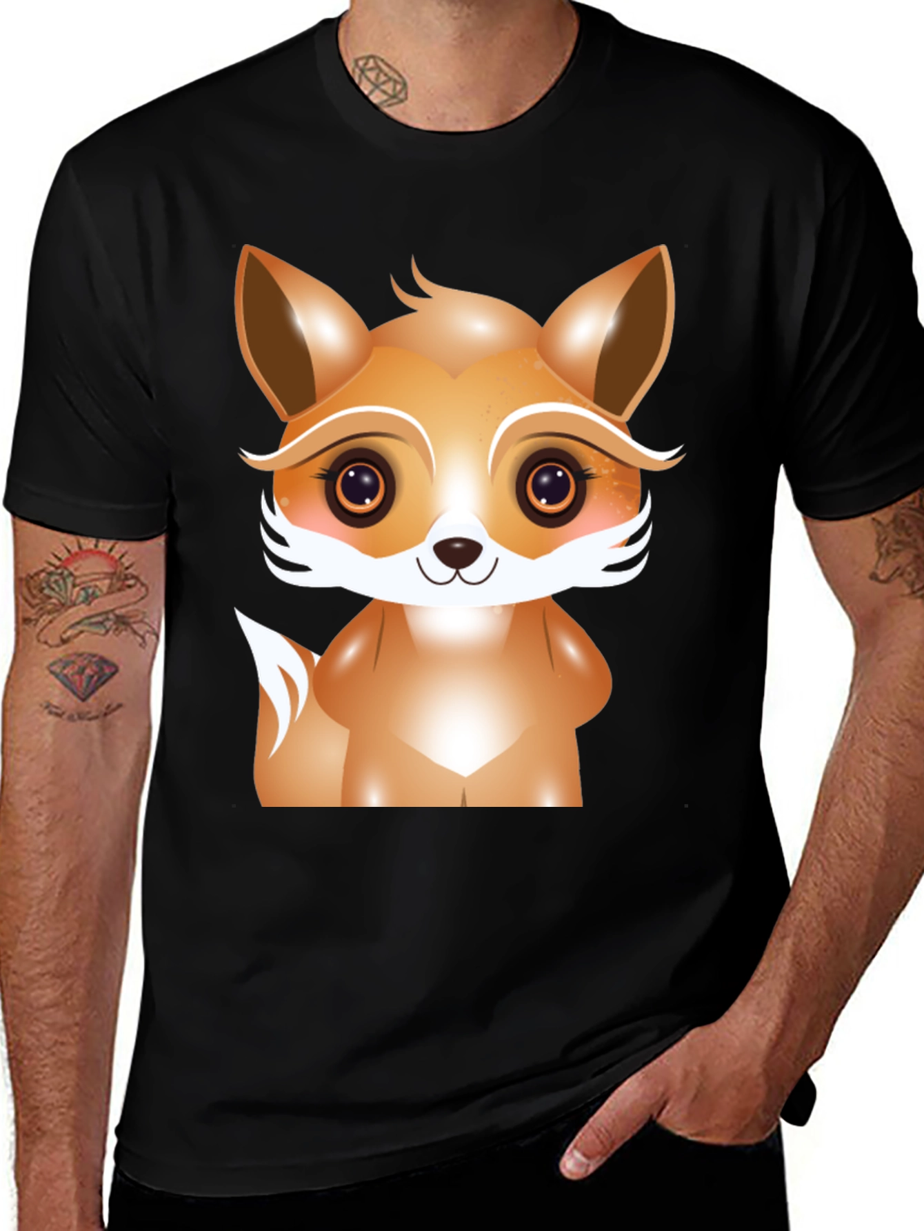 Variant 11 of Cute Cartoon Fox Graphic Black T-Shirt