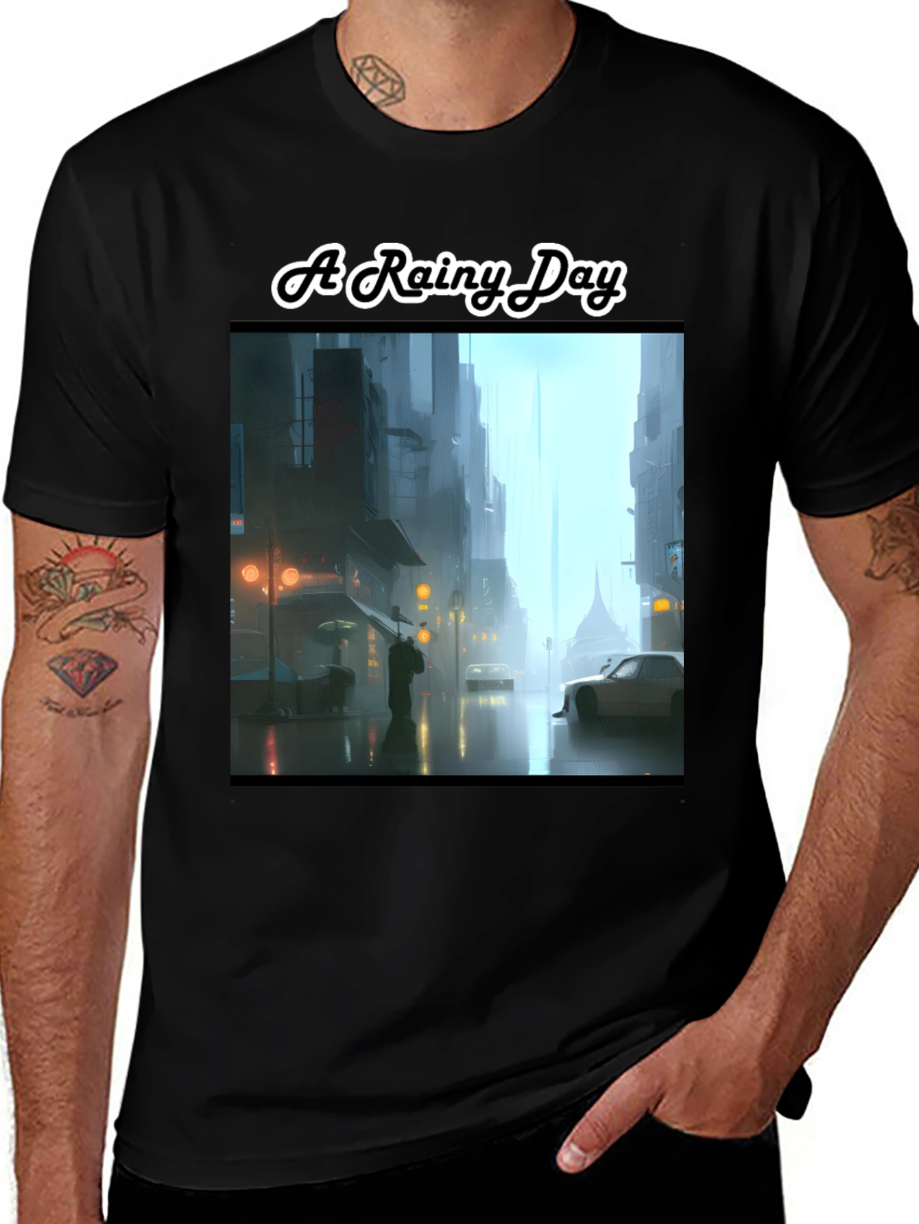 Variant 8 of Rainy Day Cityscape Graphic Tee - Stylish & Unique