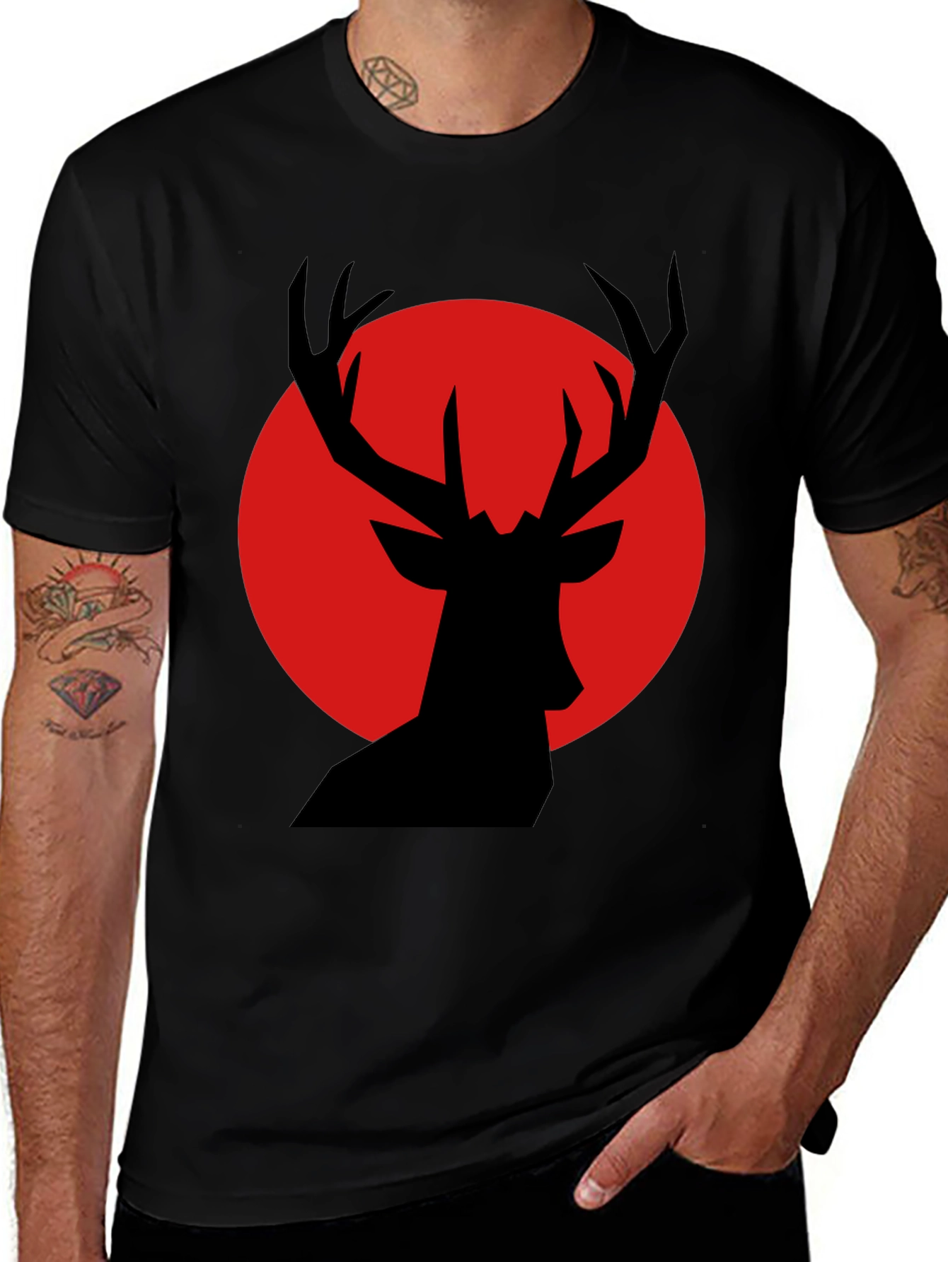 Variant 9 of Black T-Shirt with Red Deer Silhouette