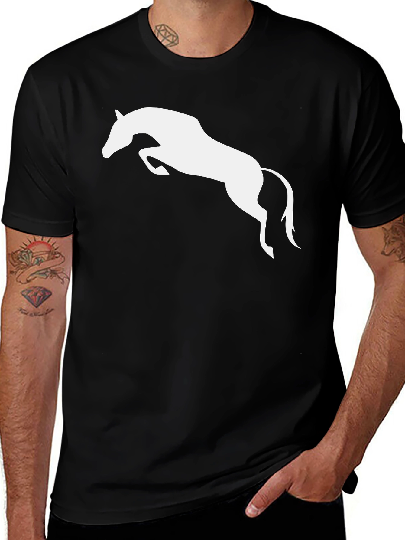 Variant 19 of Black T-Shirt with White Jumping Horse Graphic