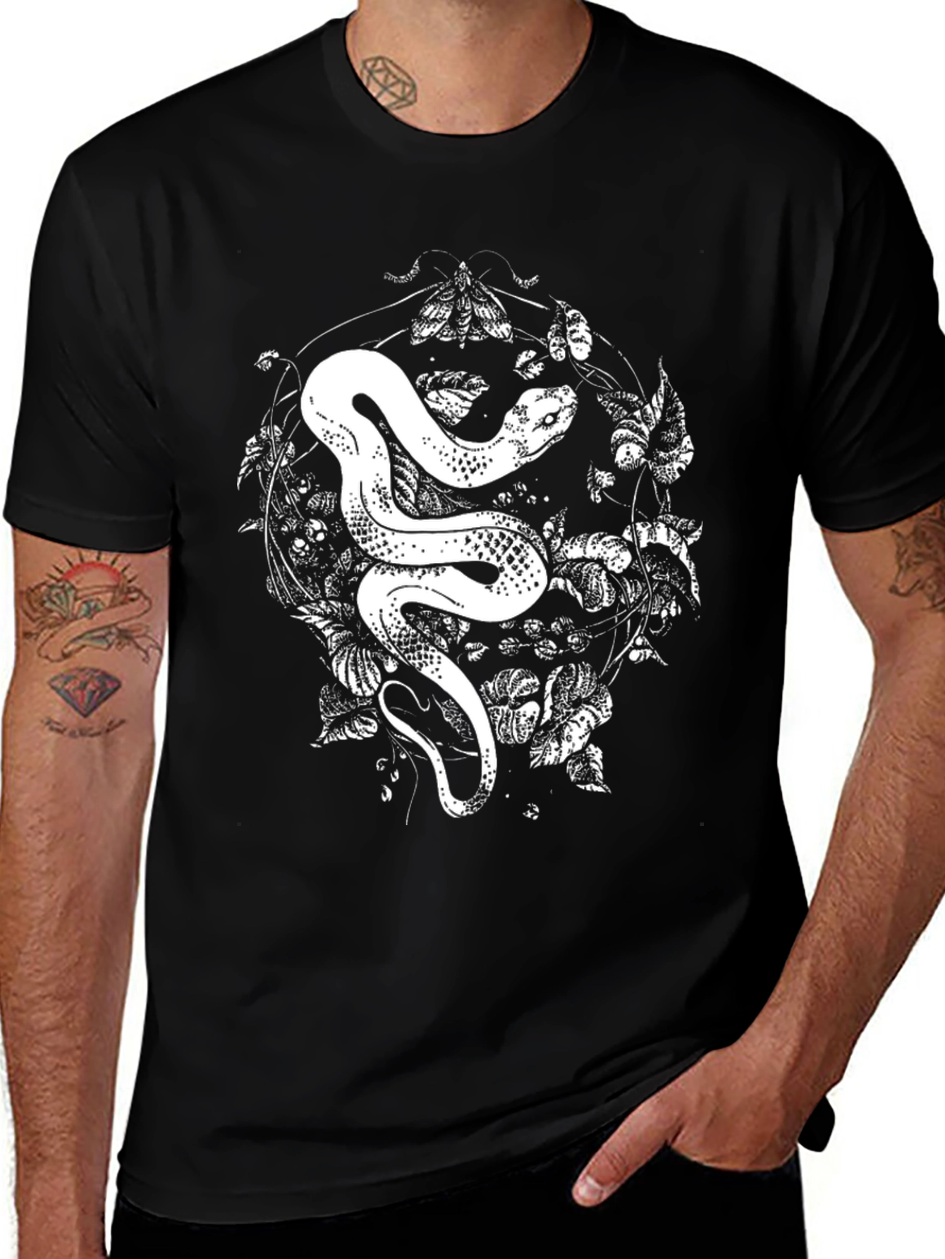 Variant 4 of Snake & Moth Graphic Tee - Men's Black Cotton T-Shirt