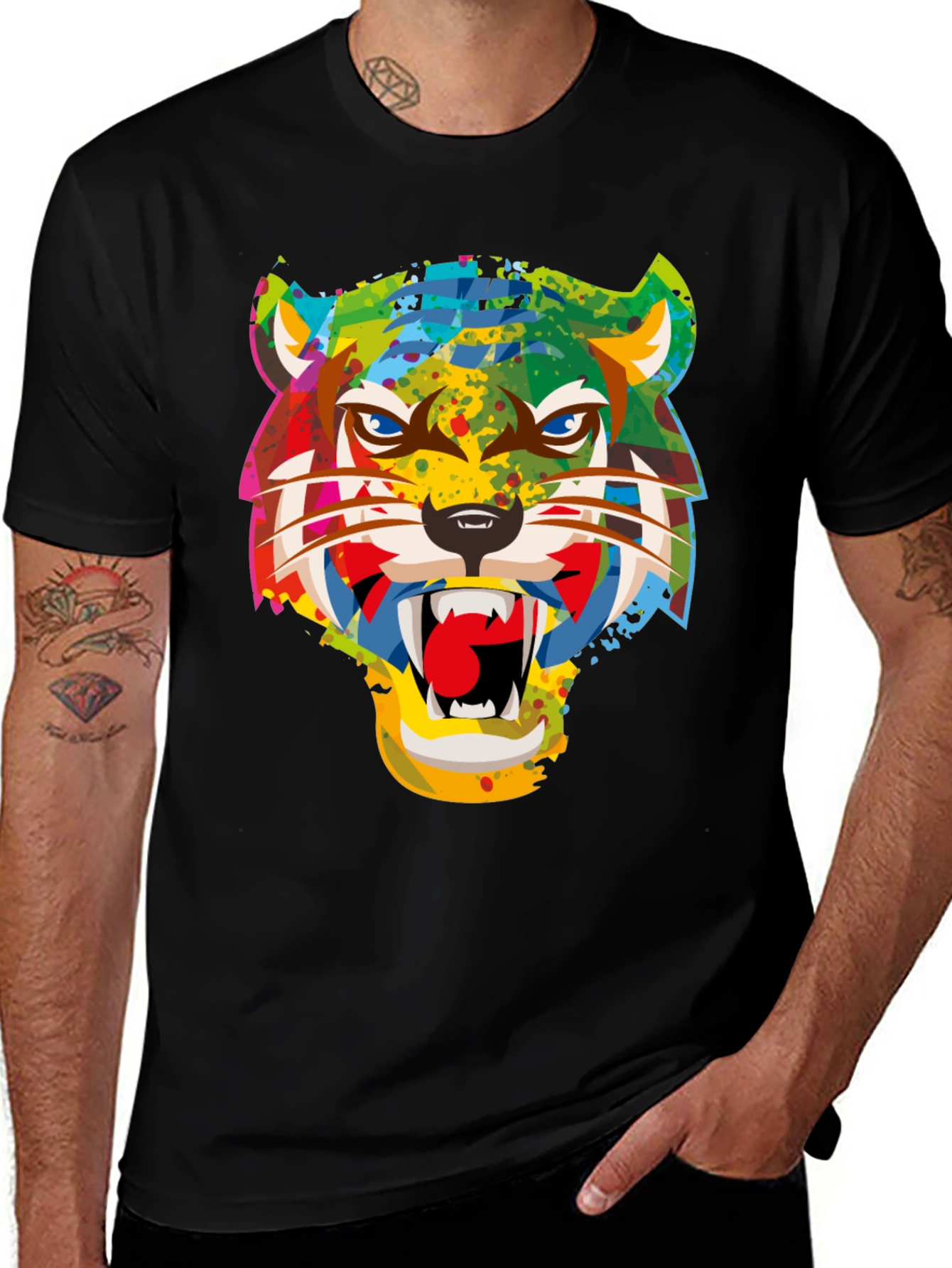 Variant 7 of Colorful Tiger Graphic Print Black T-Shirt
