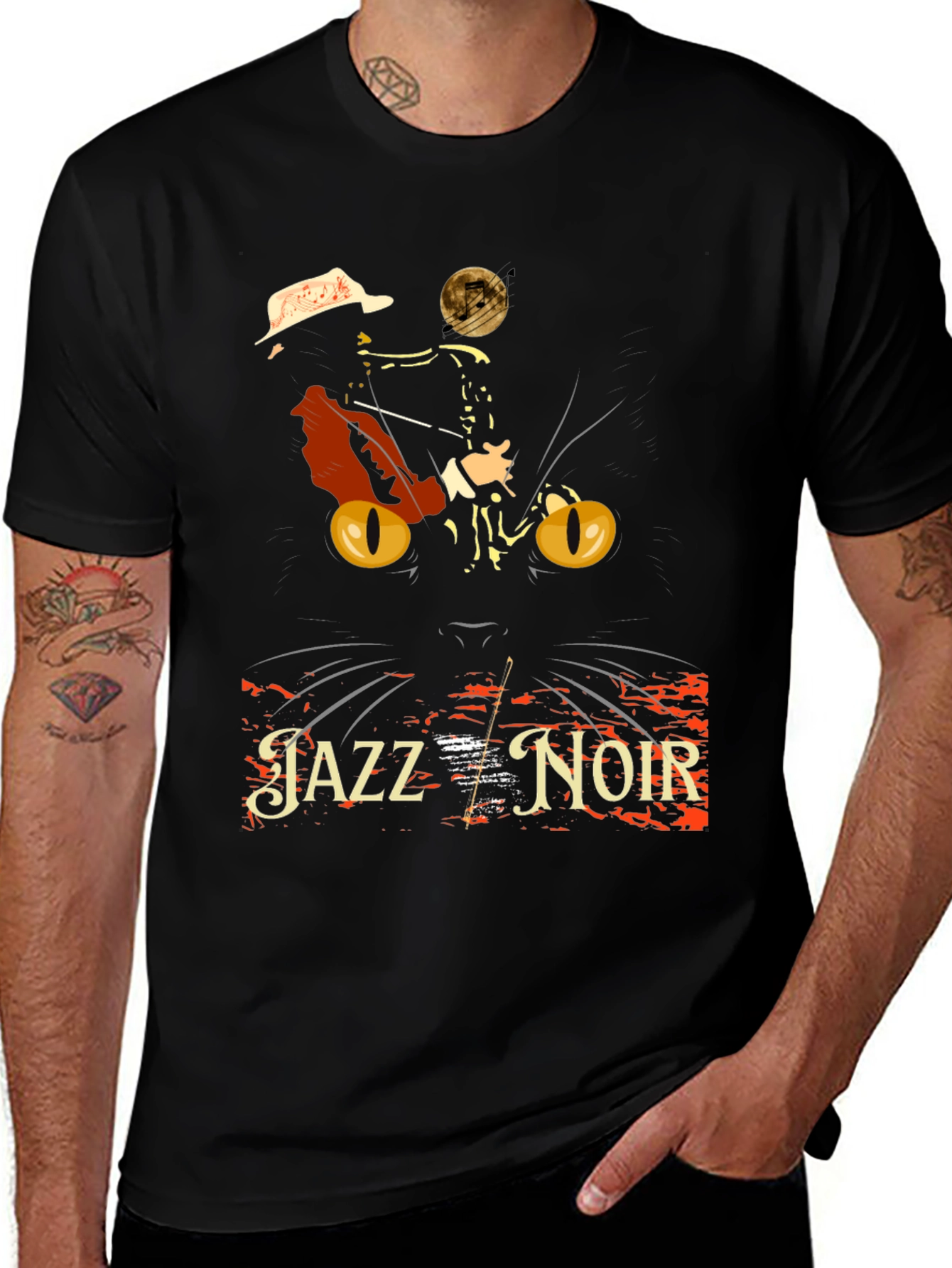 Jazz Noir Cat T-Shirt - Cool Musician Cat Design