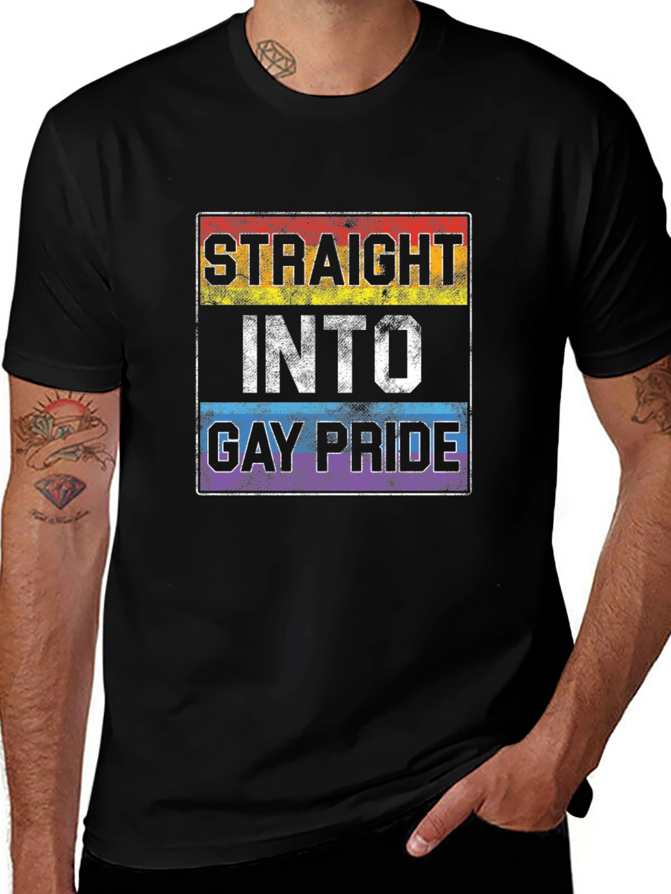 Straight Into Gay Pride Rainbow Graphic T-Shirt