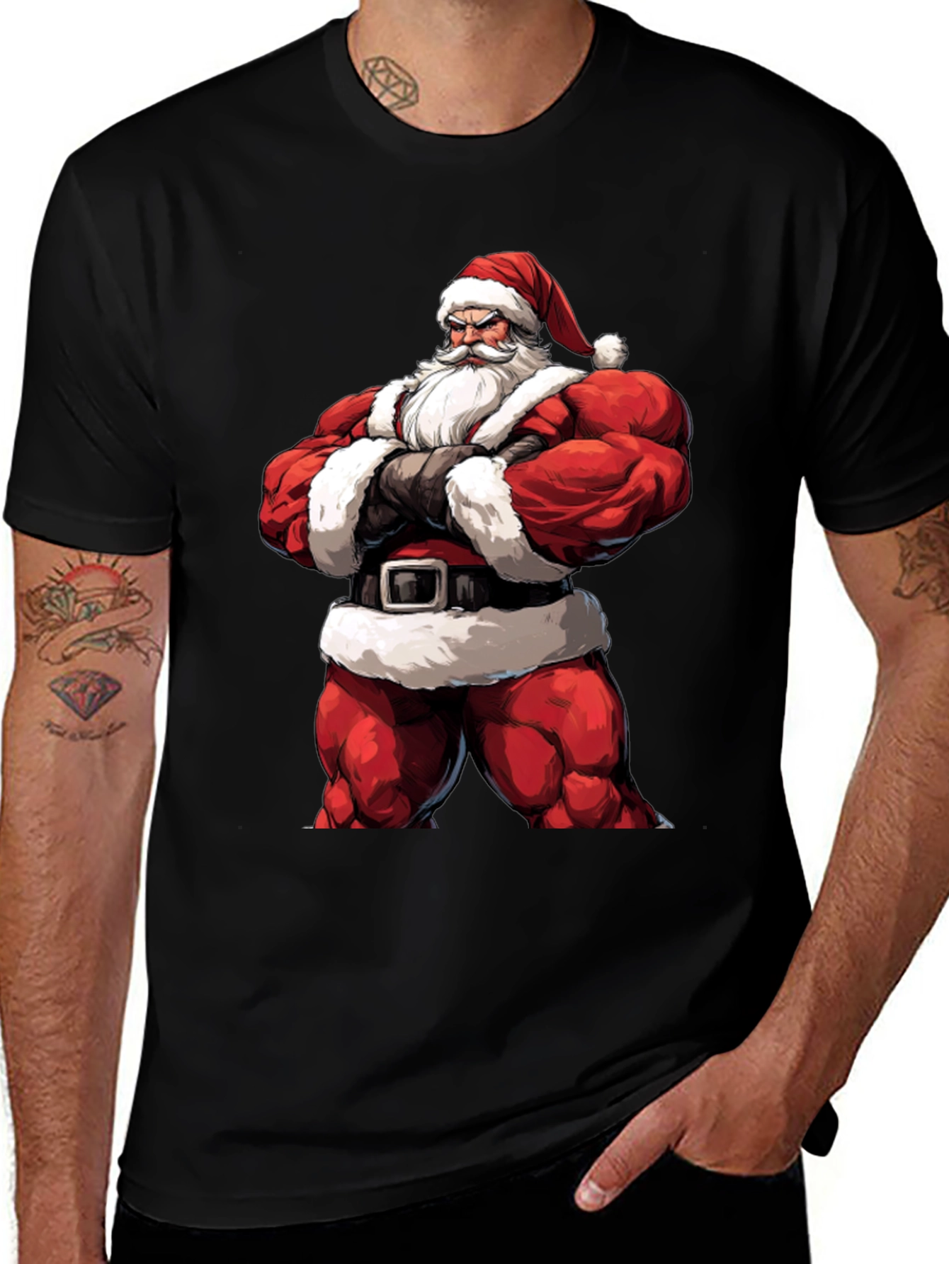 Muscle Santa Black T-Shirt: Holiday Fitness