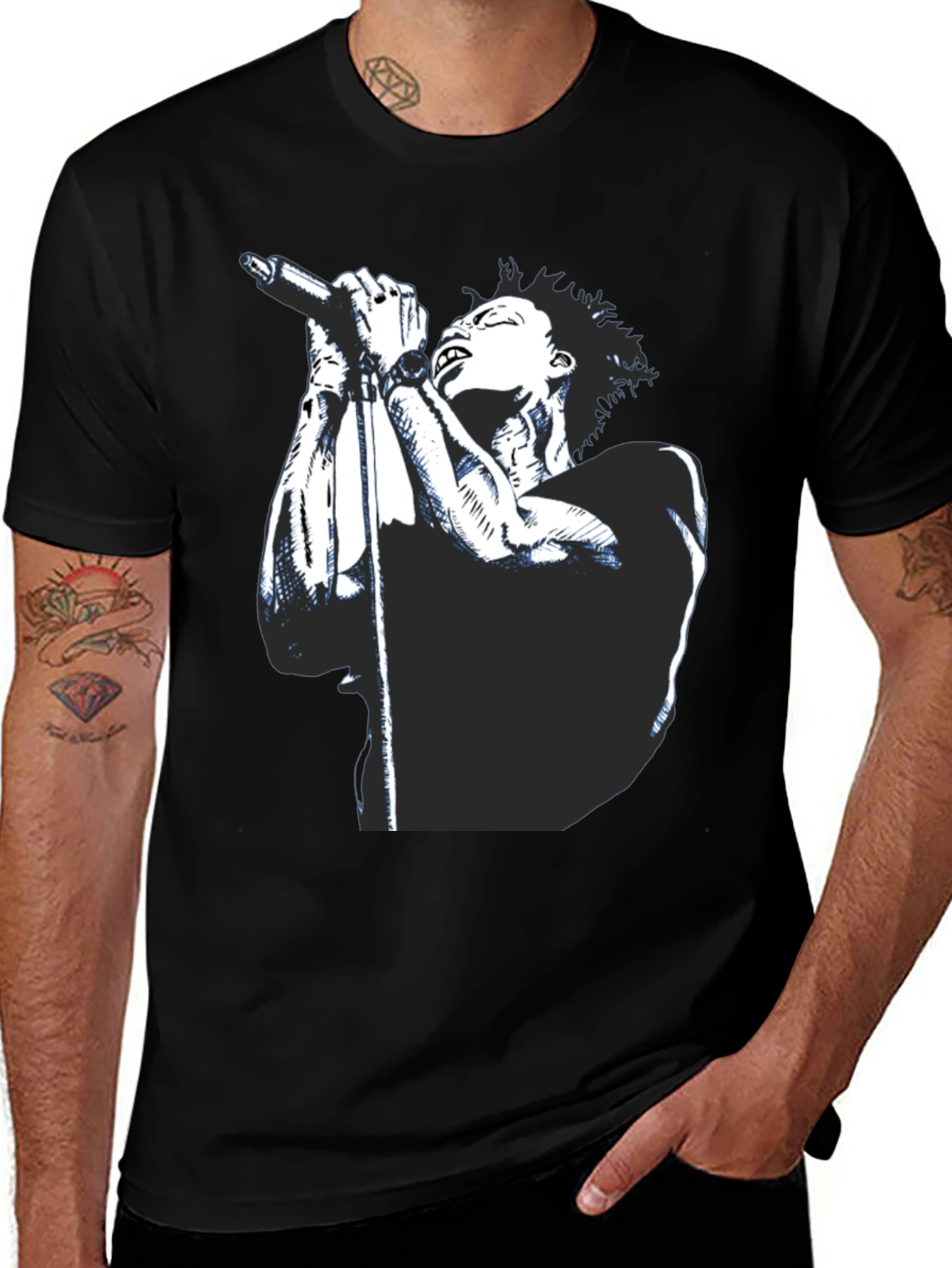 Variant 17 of Black Graphic Tee - Singer with Microphone Design