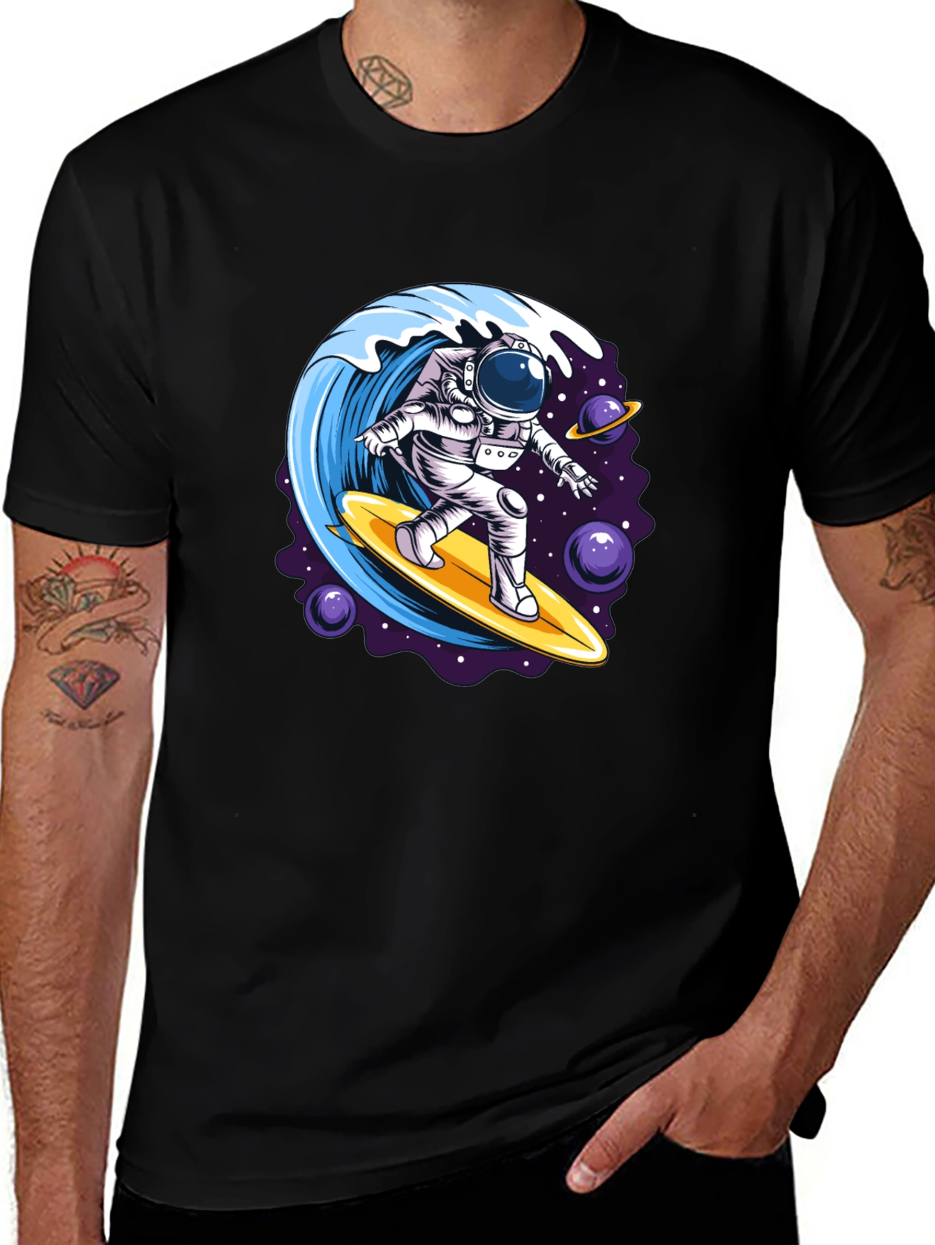Variant 5 of Astronaut Surfing T-Shirt - Space Wave Design