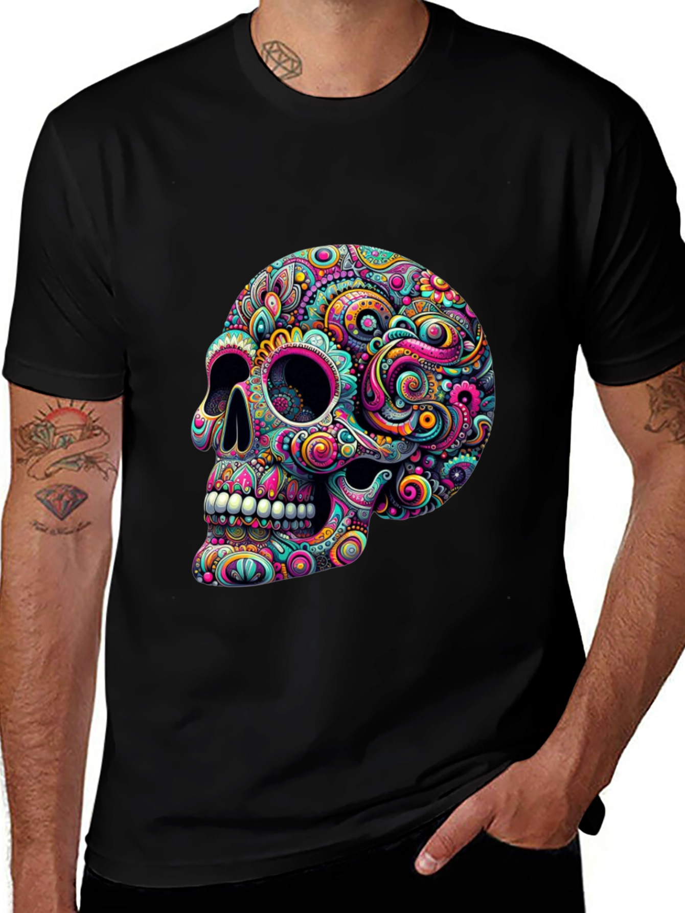 Variant 30 of Colorful Sugar Skull Graphic Tee - Men's Black T-Shirt