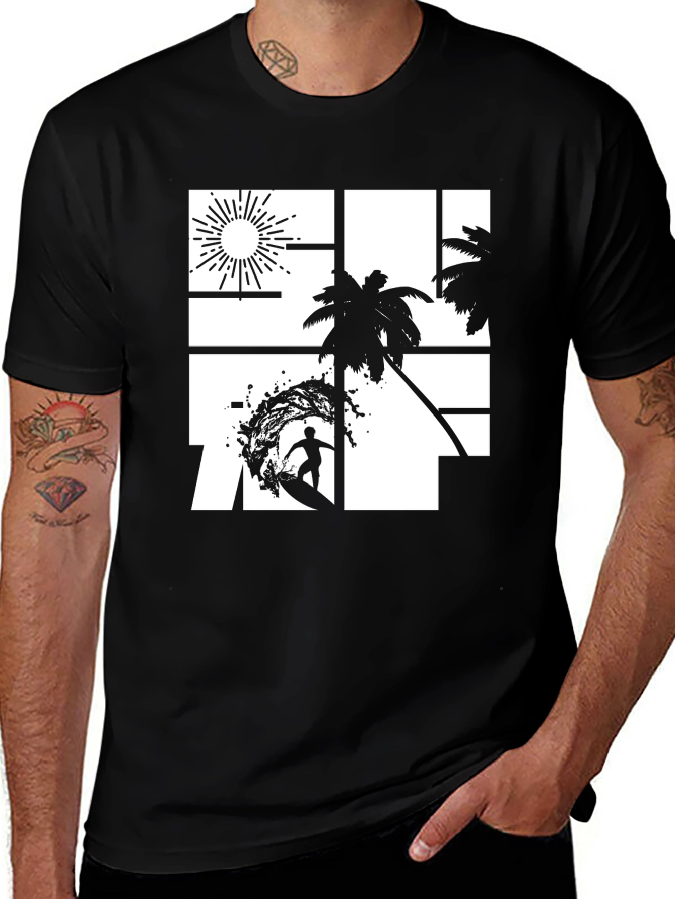 Variant 28 of Surfing Beach Graphic Tee - Men's Black T-Shirt