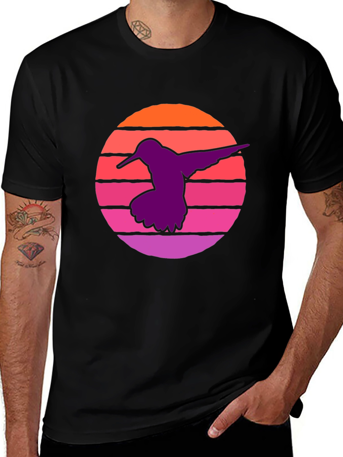 Variant 14 of Hummingbird Sunset T-Shirt - Retro Style Black Tee