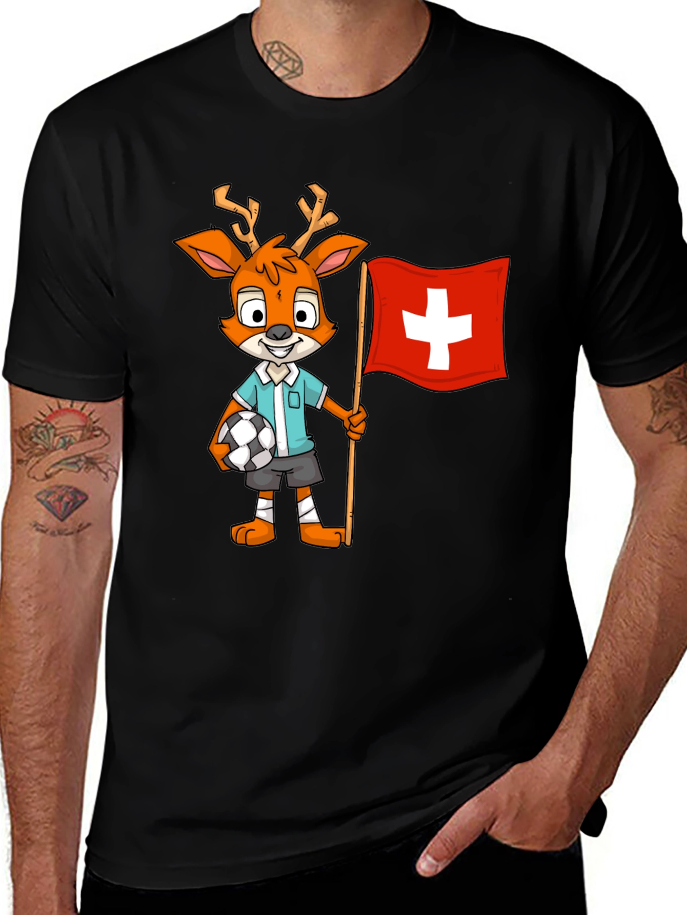 Variant 17 of Cartoon Deer with Swiss Flag Graphic Tee