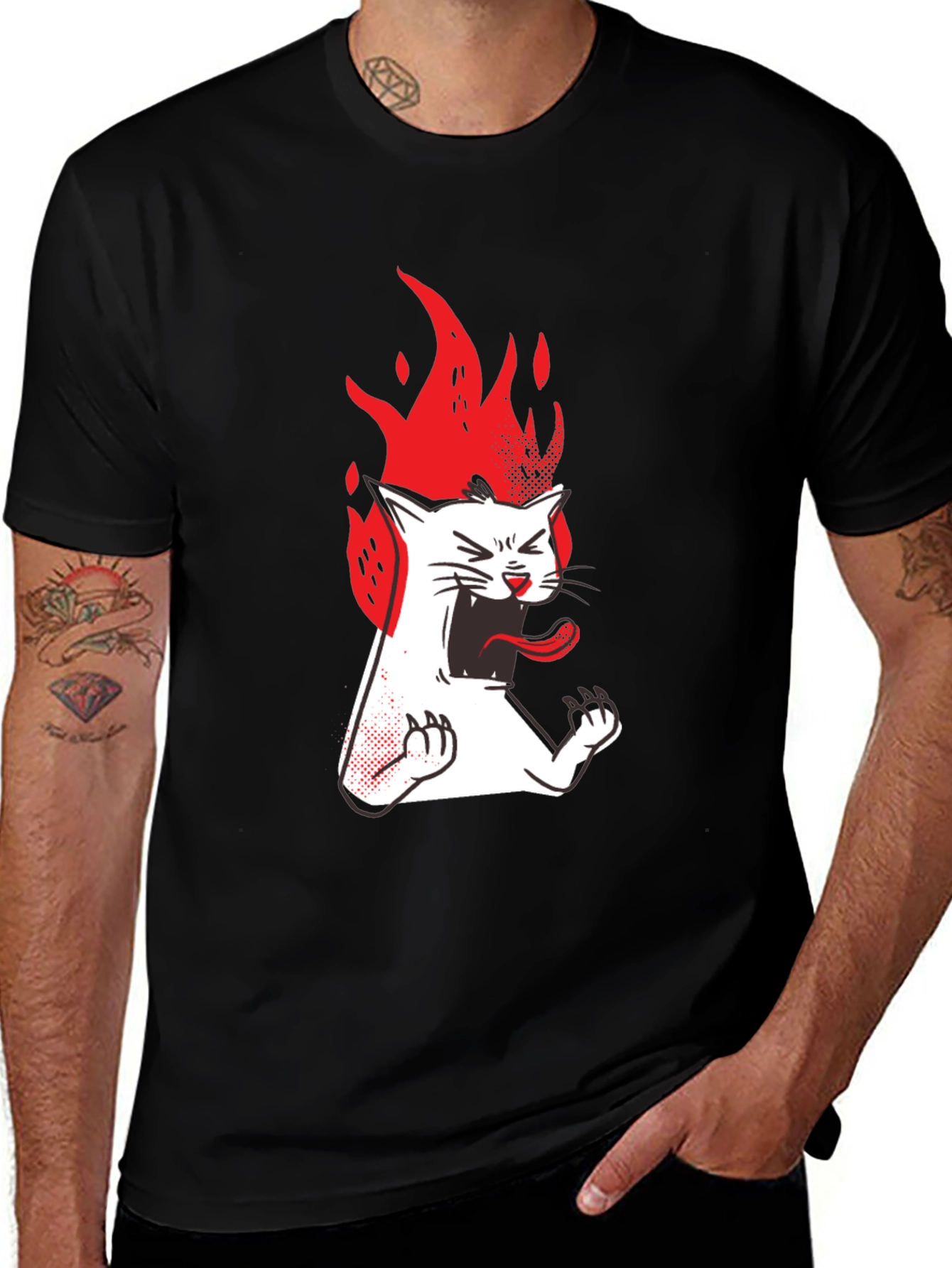 Variant 19 of Fiery Cat Graphic Tee - Black Cotton T-Shirt