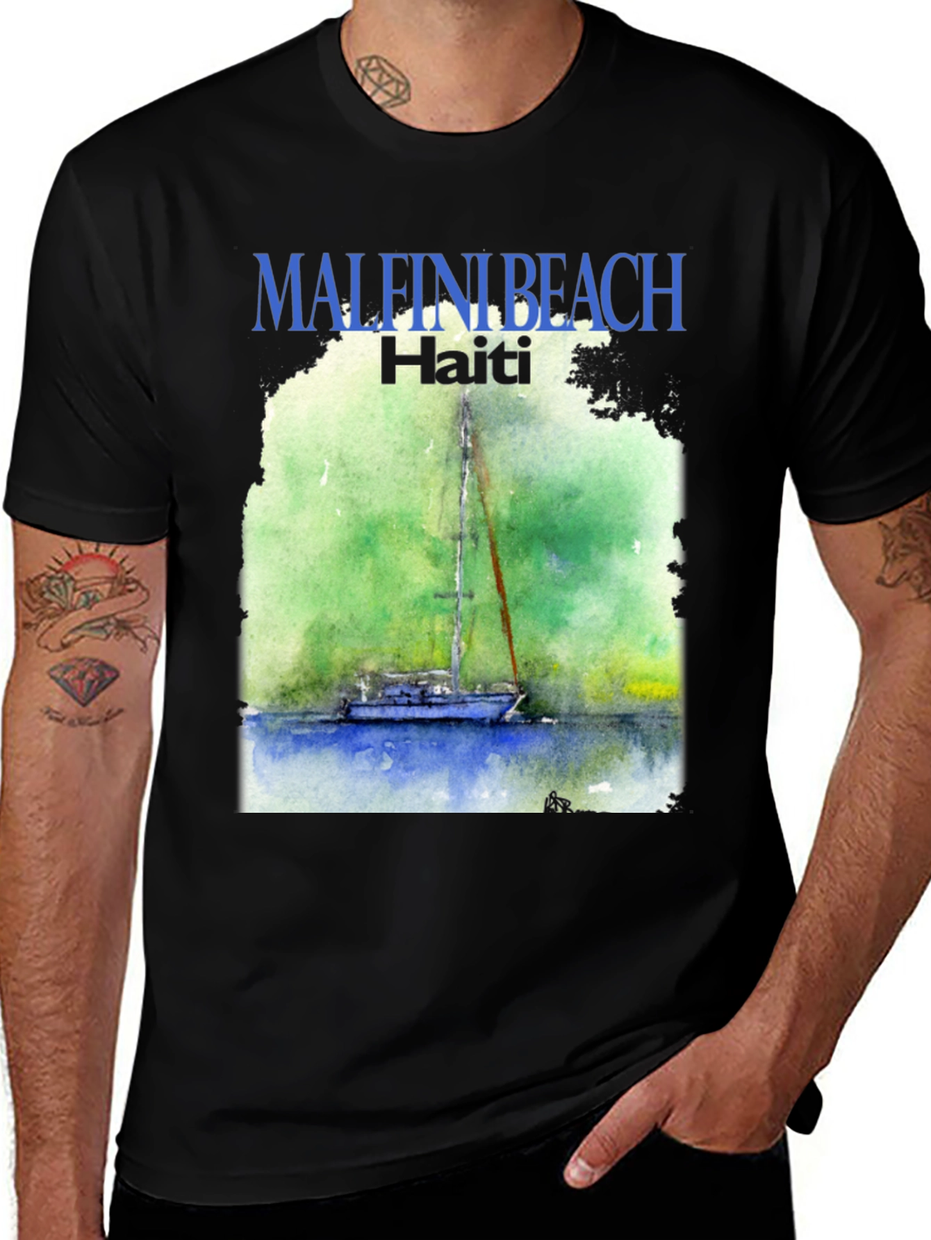 Black Malfini Beach Haiti T-Shirt - Sailboat Graphic Tee main image
