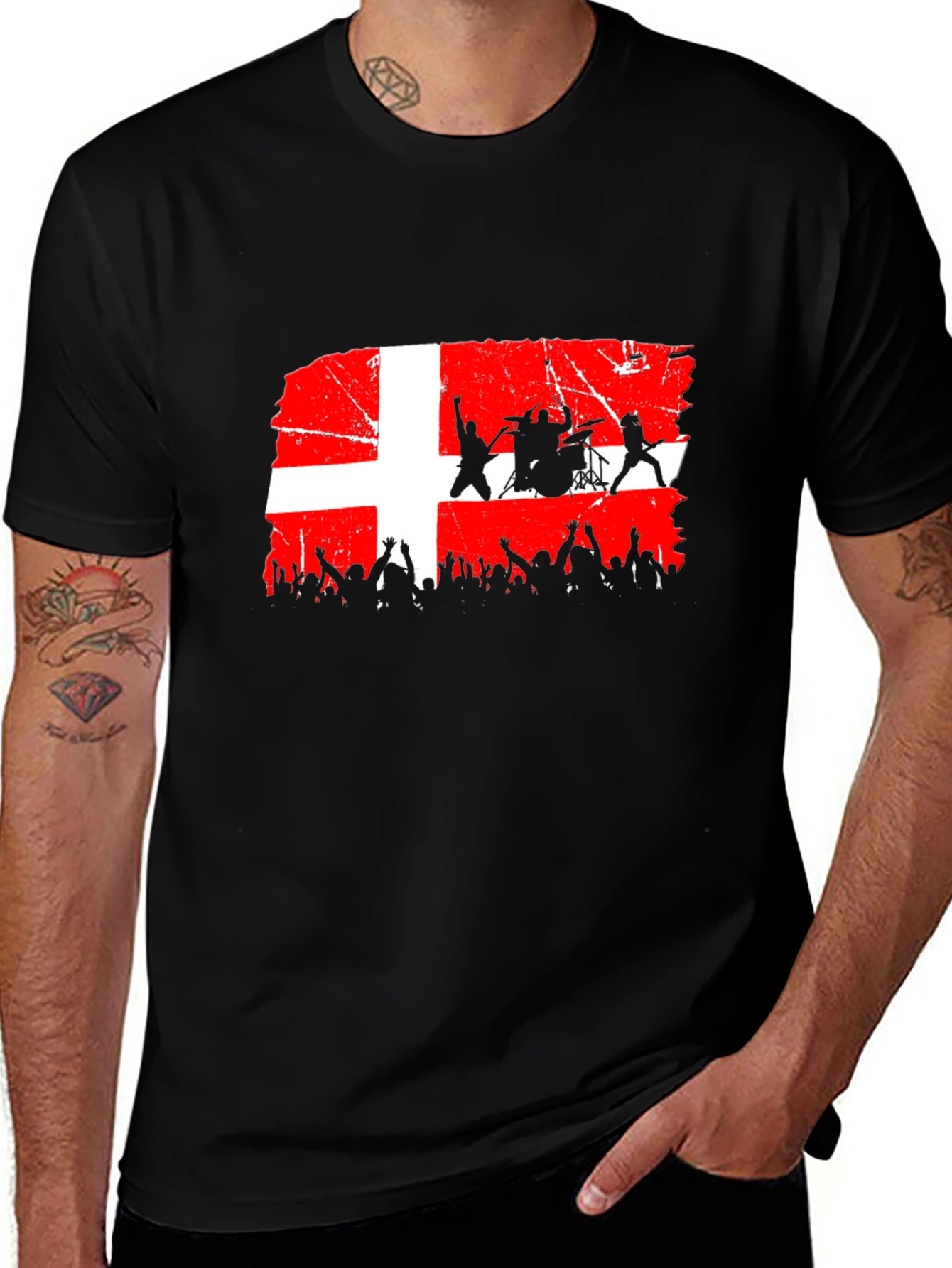 Variant 20 of Denmark Flag Rock Band Concert Black T-Shirt